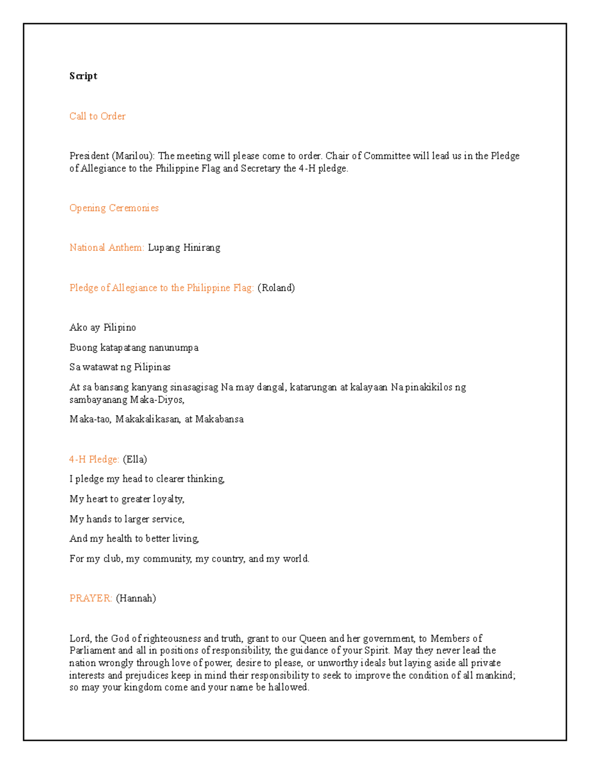 AOM Script - have fun - Script Call to Order President (Marilou): The ...