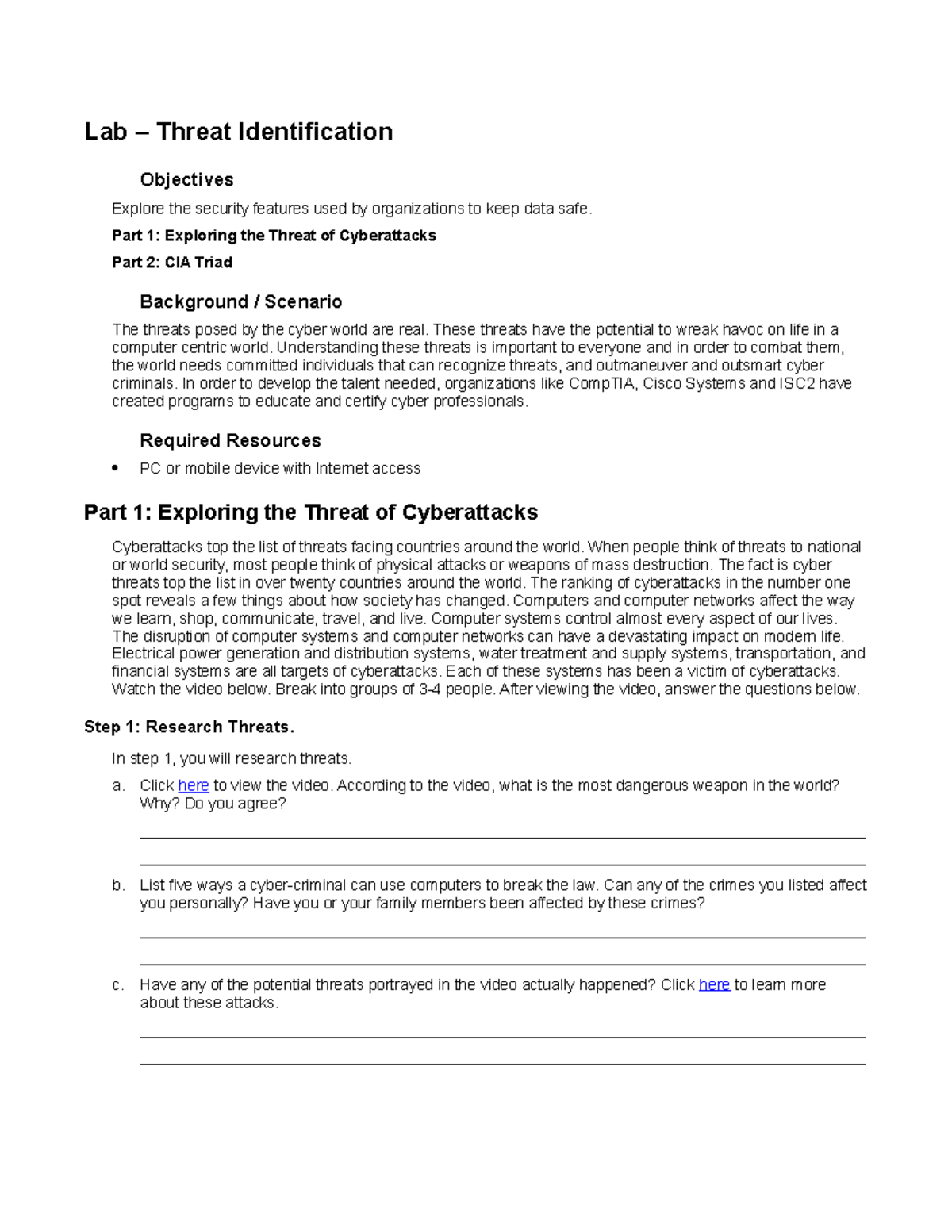 1.3.1.6 Lab Threat identification Lab Threat Identification