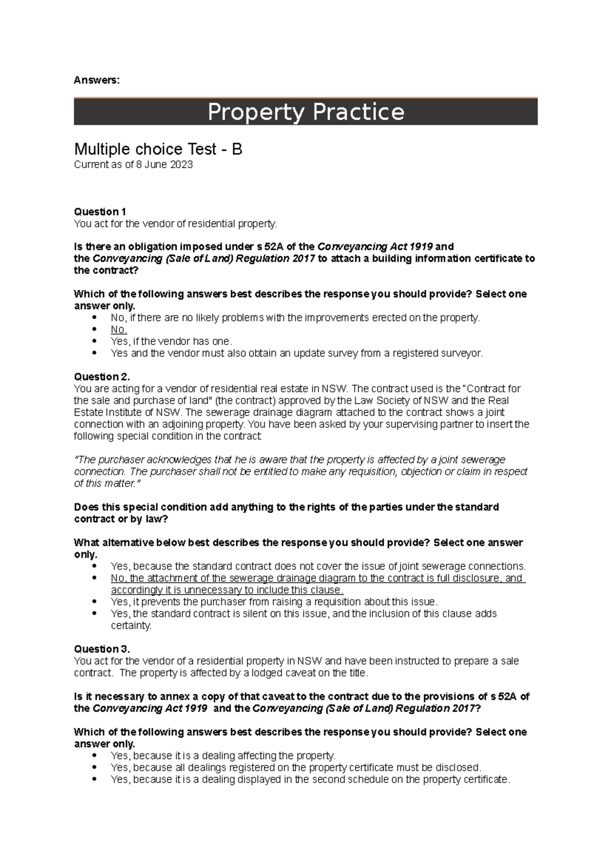 Answers PROP - Answers: Property Practice Multiple Choice Test - B ...