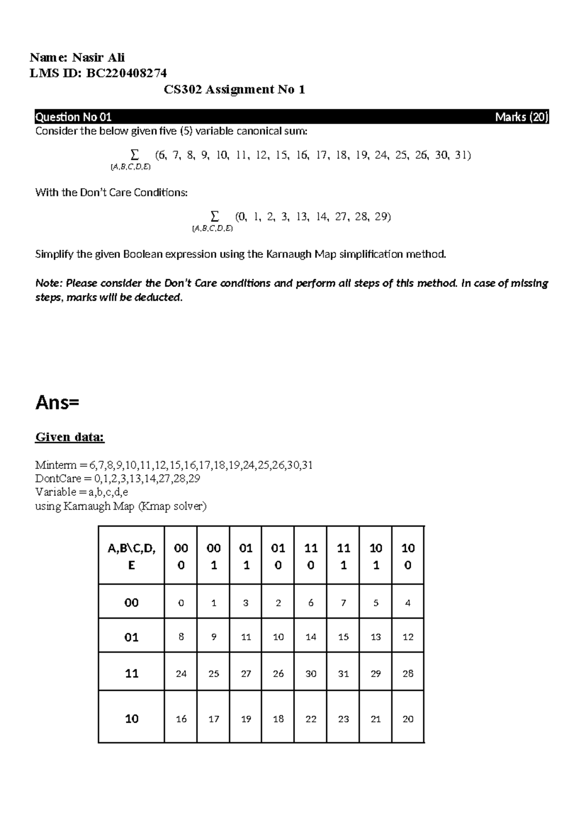 CS302 Solved Assignment NO - Name: Nasir Ali LMS ID: BC CS302 ...