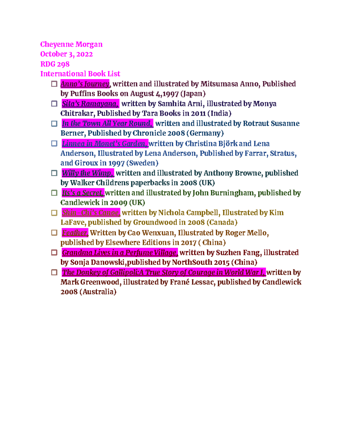 International Book List - Cheyenne Morgan October 3, 2022 RDG 298 ...