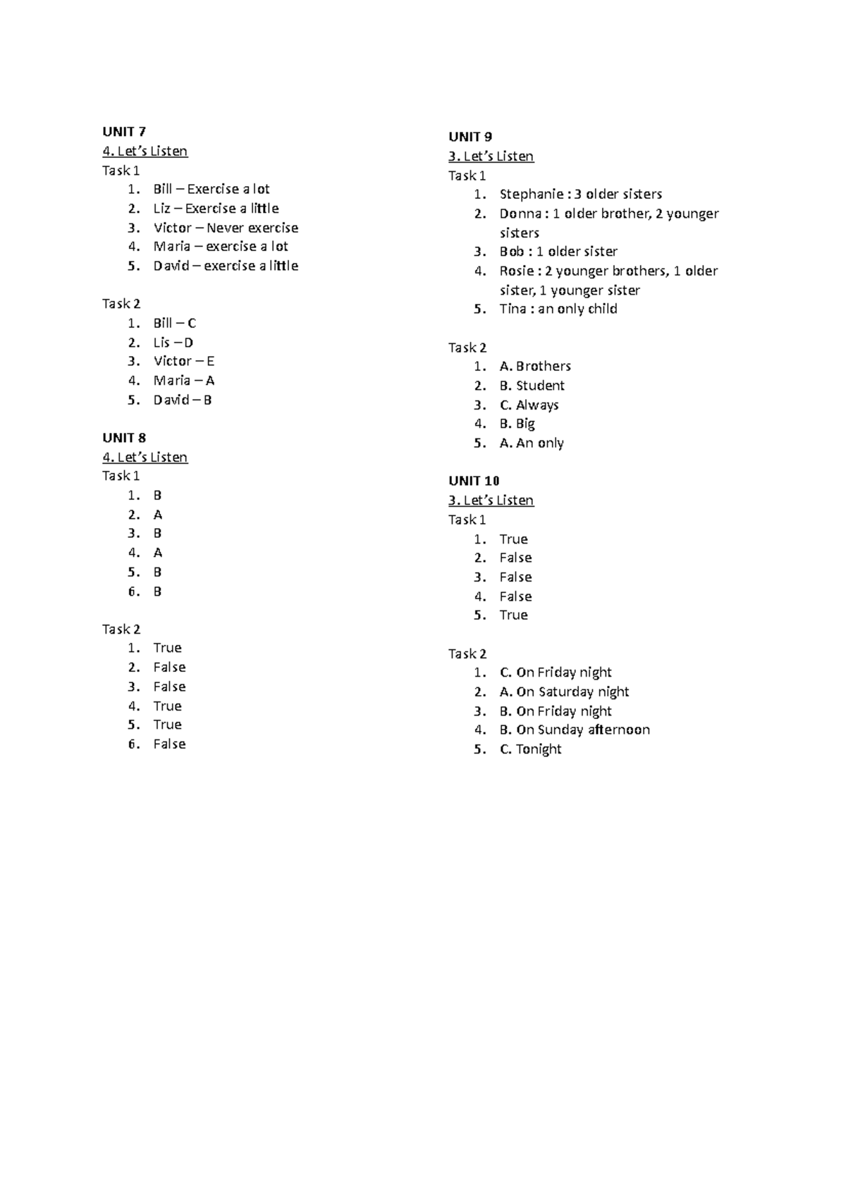 Listening Exercise - UNIT 7 Let’s Listen Task 1 Bill – Exercise A Lot ...