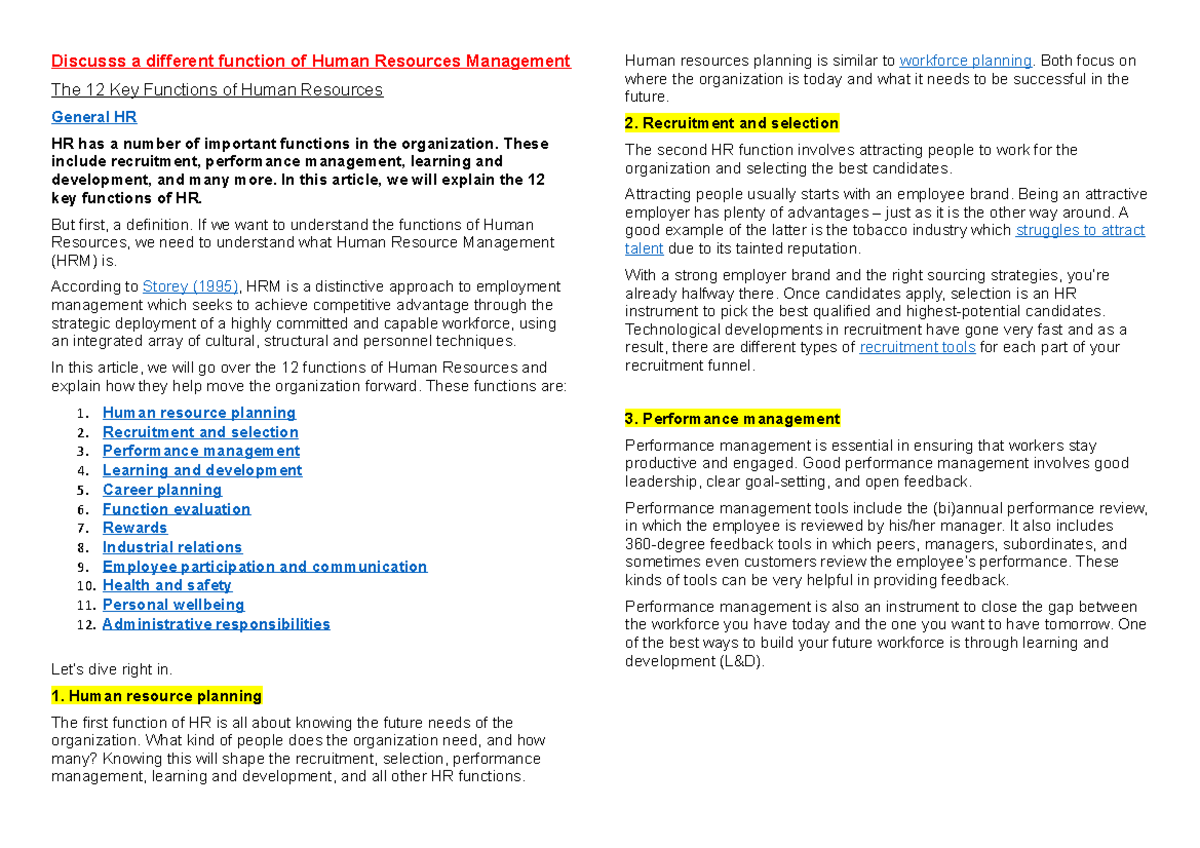 The 12 Key Functions Of Human Resources Discusss A Different Function 