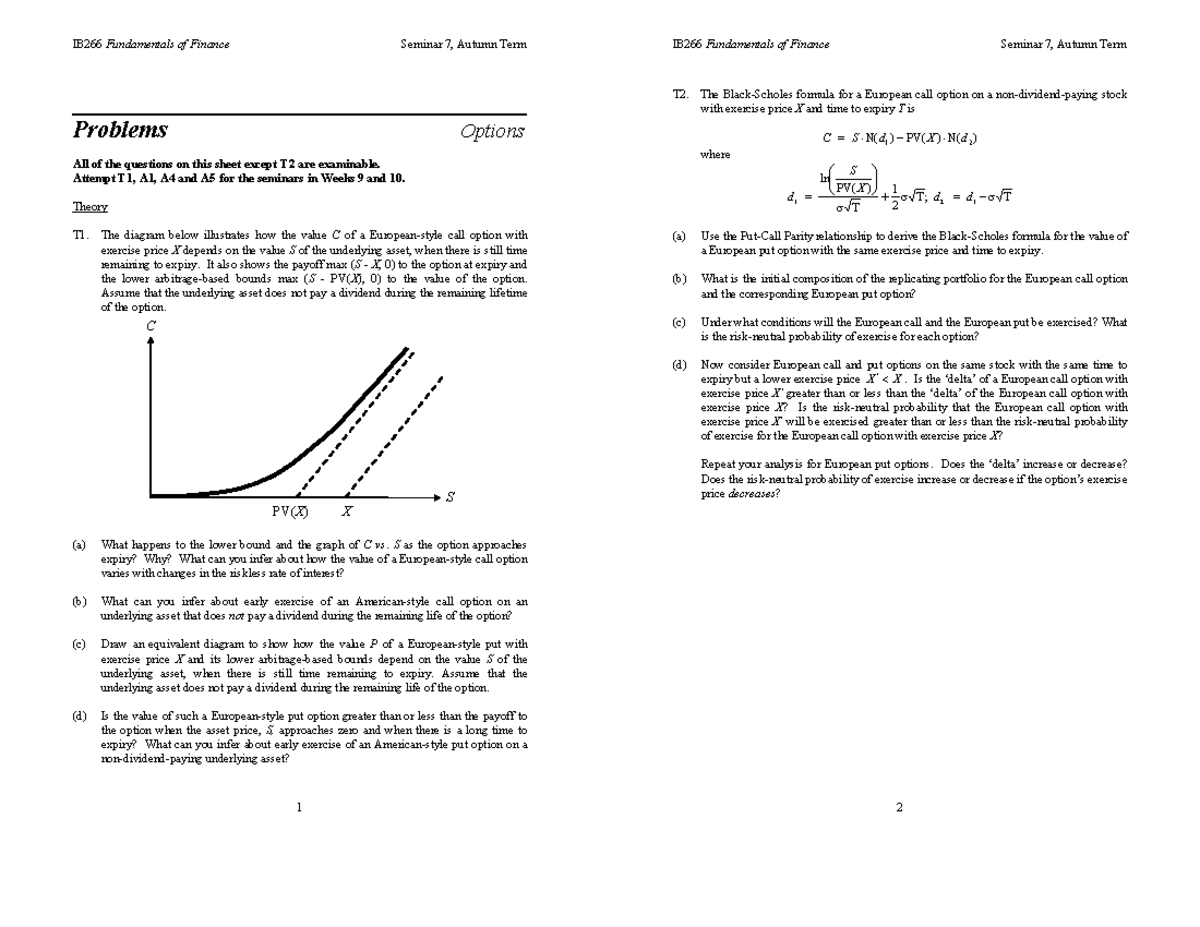 IB266 seminar 7 Qs - IB266 Fundamentals of Finance Seminar 7, Autumn ...