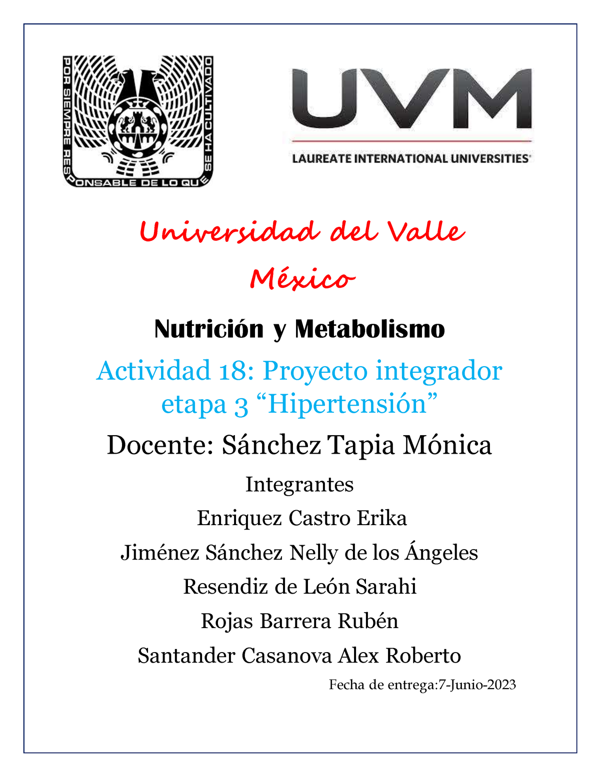 A Proyecto integrador etapa Universidad del Valle México Nutrición y Metabolismo