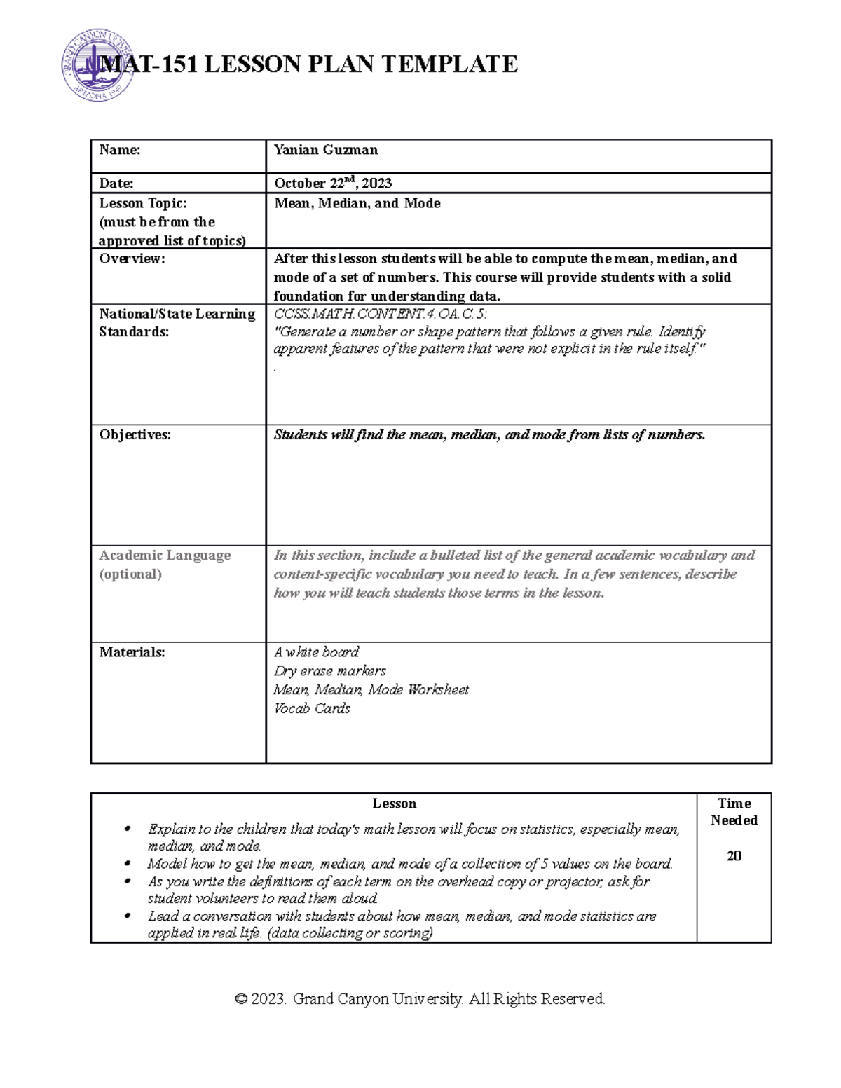 MAT-151 Lesson Plan Topic 6 - MAT-151 LESSON PLAN TEMPLATE Name: Yanian ...