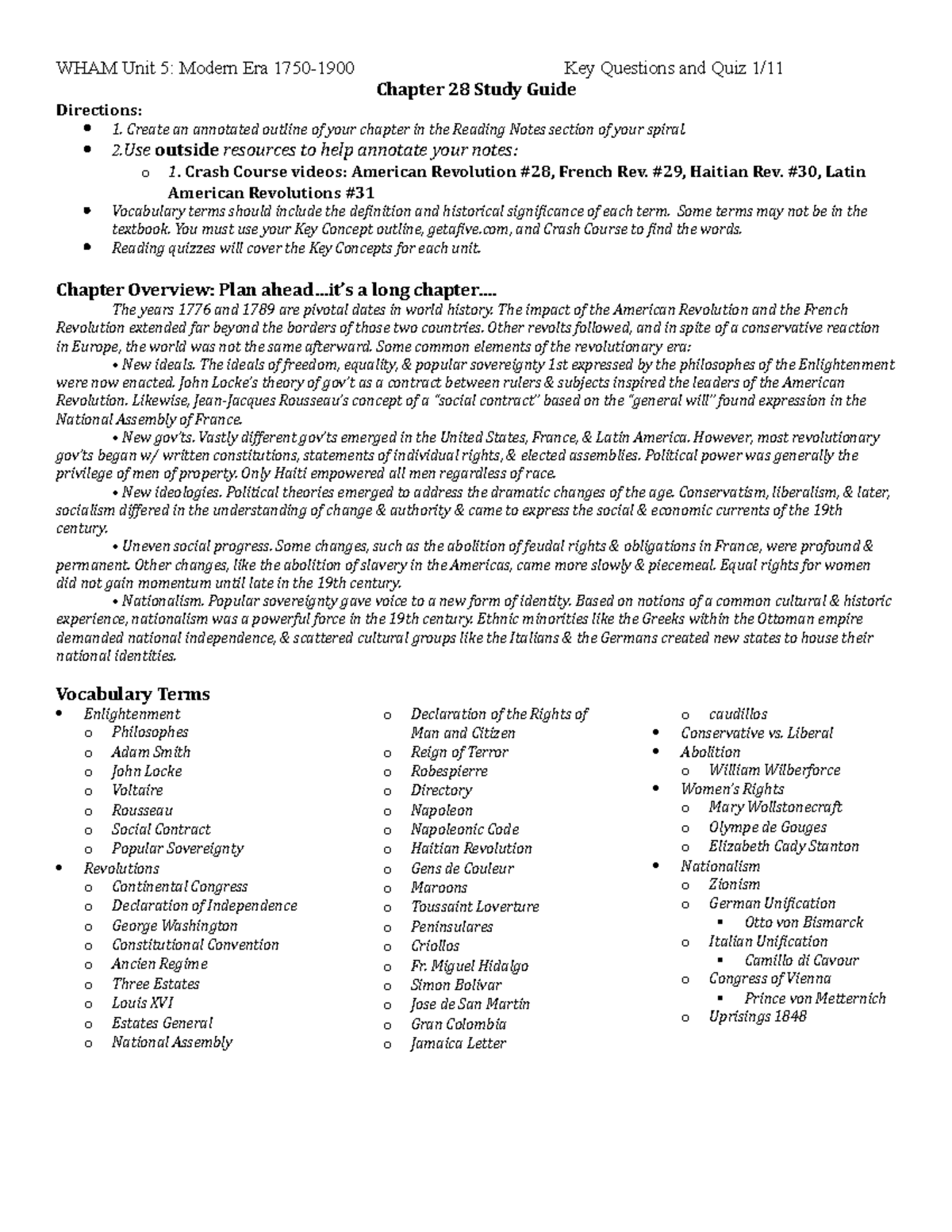 Chapter+28+Study+Guide - WHAM Unit 5: Modern Era 1750-1900 Key ...