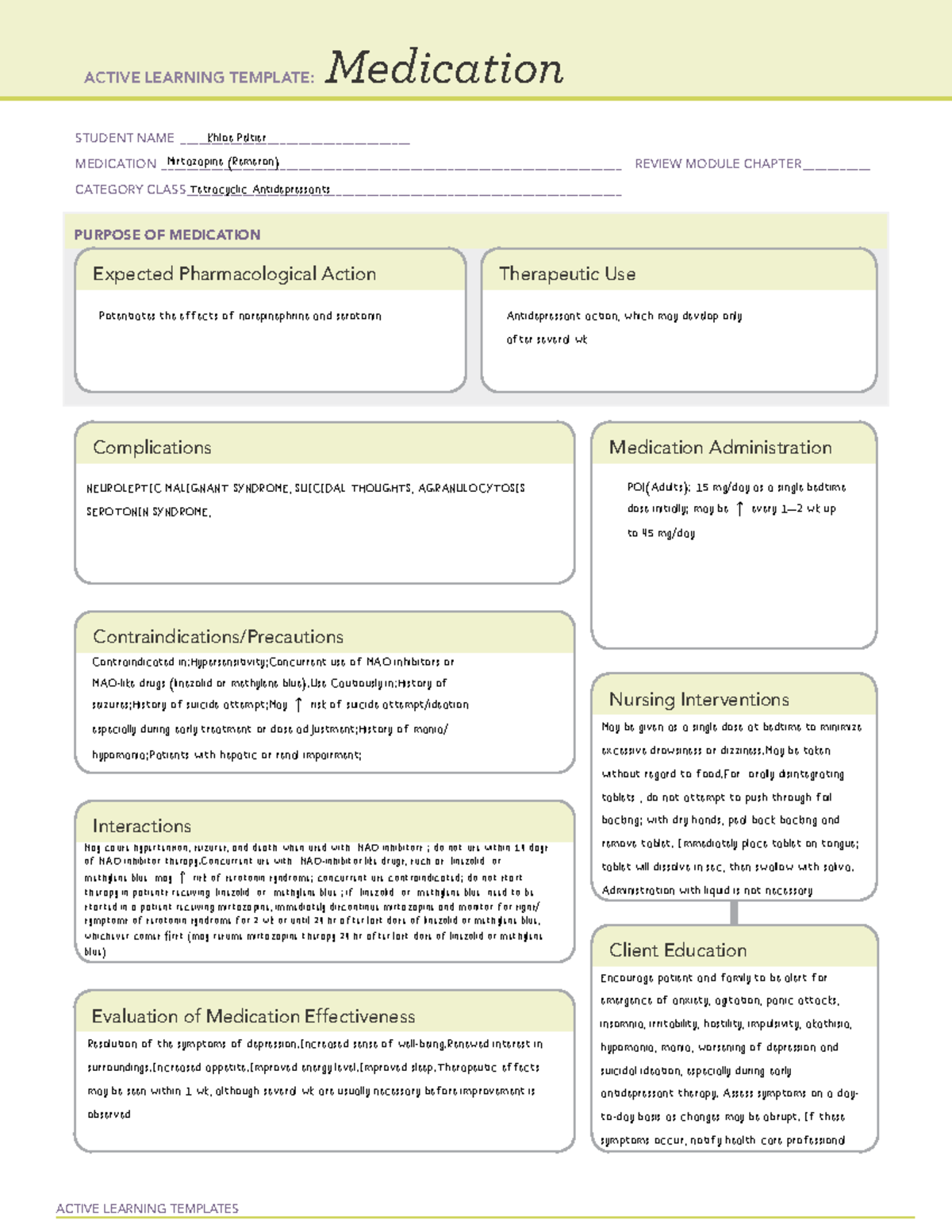 Mirtazapine - Medication Card - ACTIVE LEARNING TEMPLATES Medication