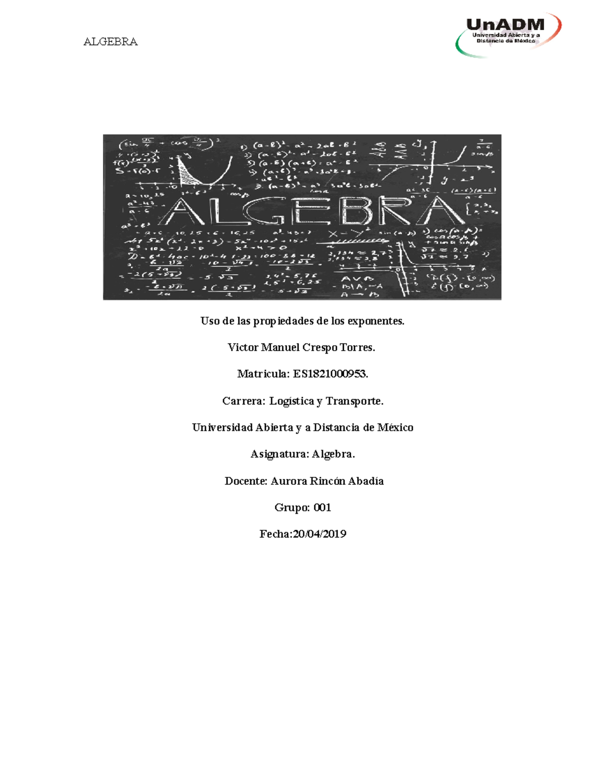 LALG U1 A3 VMCT - tarea - Álgebra lineal - UnADM - Studocu
