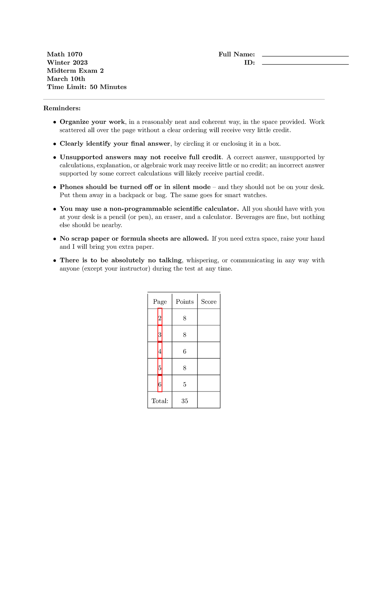 Midterm 2 - Math 1070 Full Name: Winter 2023 ID: Midterm Exam 2 March ...
