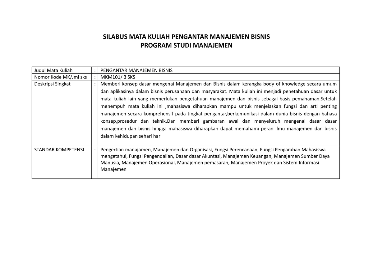 Pengantar Manajemen Bisnis - SILABUS MATA KULIAH PENGANTAR MANAJEMEN ...