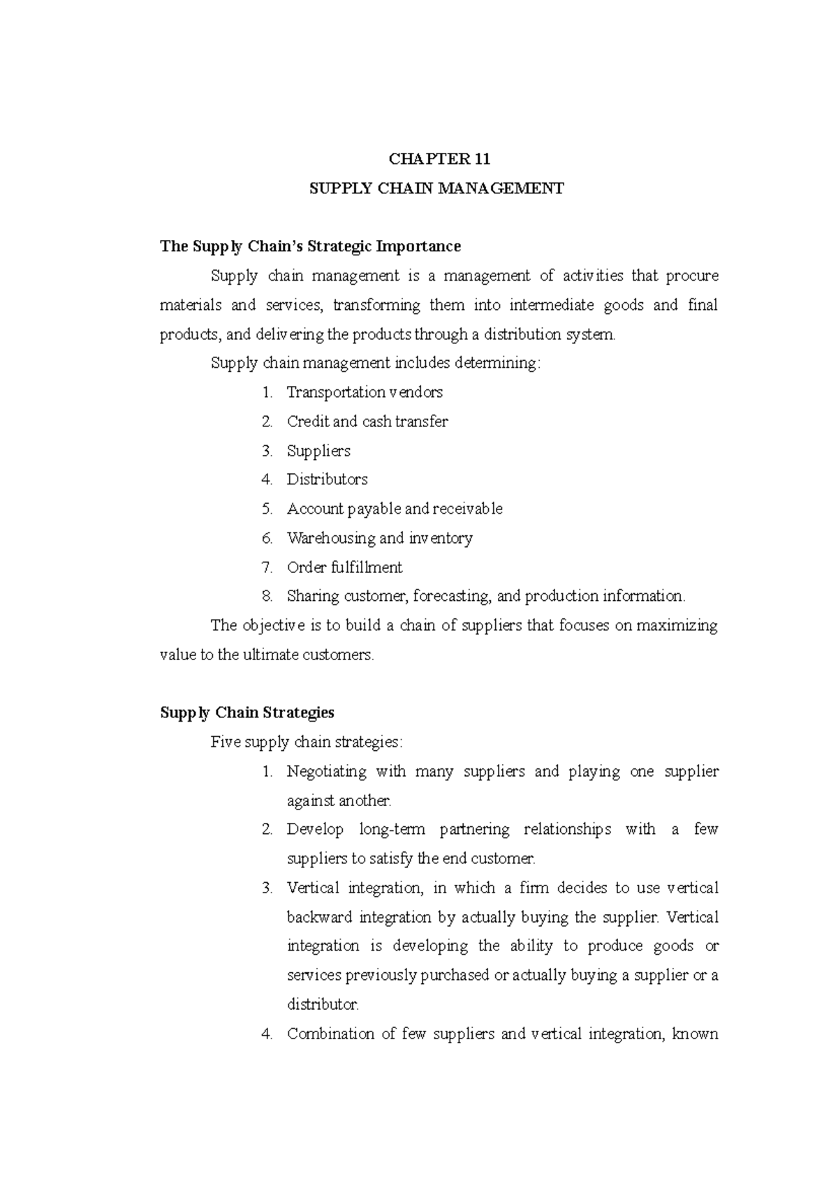 Summary Operations Management - Chapter 11 - CHAPTER 11 SUPPLY CHAIN ...