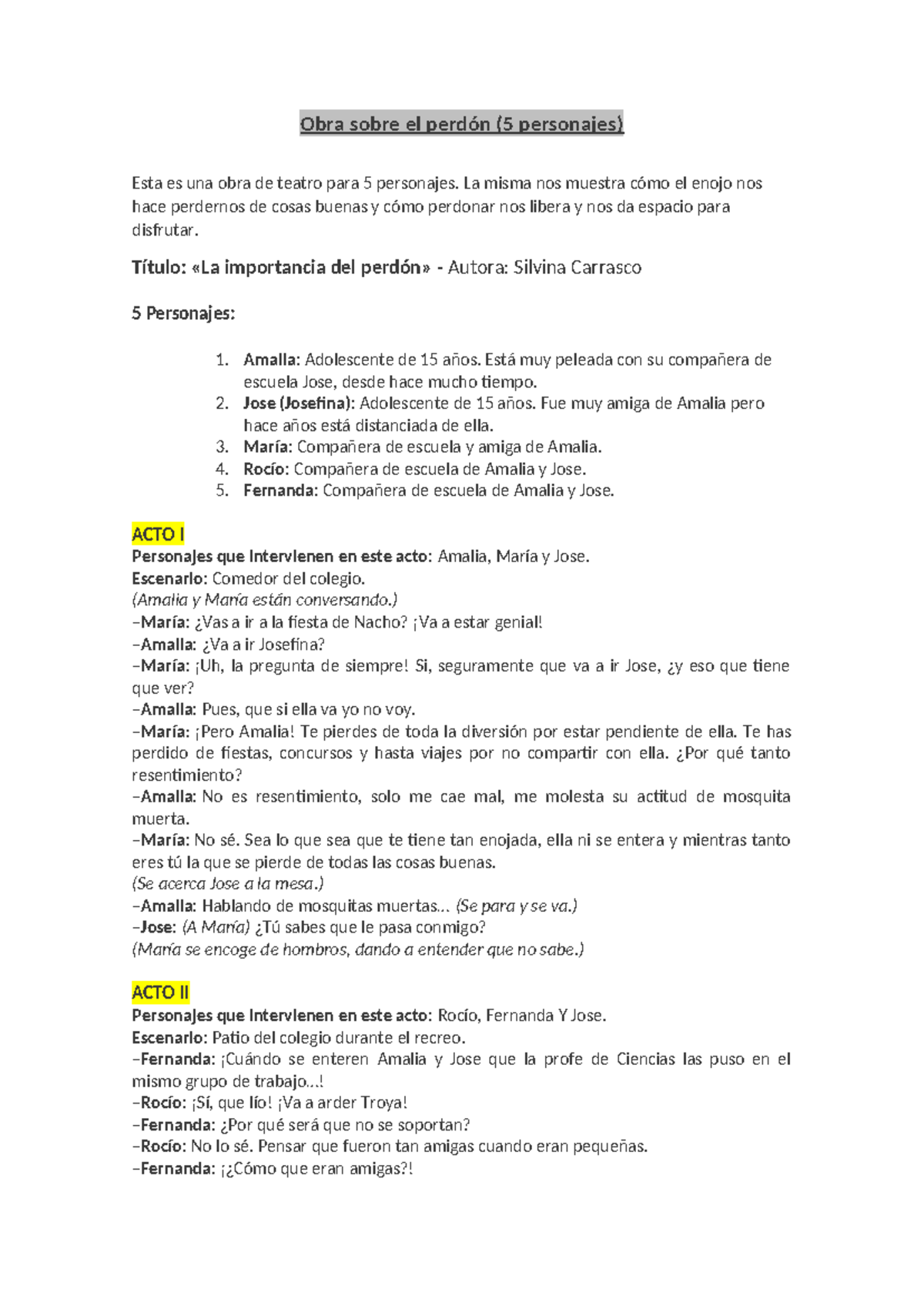 Obra sobre el perdón (5 personajes) - La misma nos muestra cómo el ...