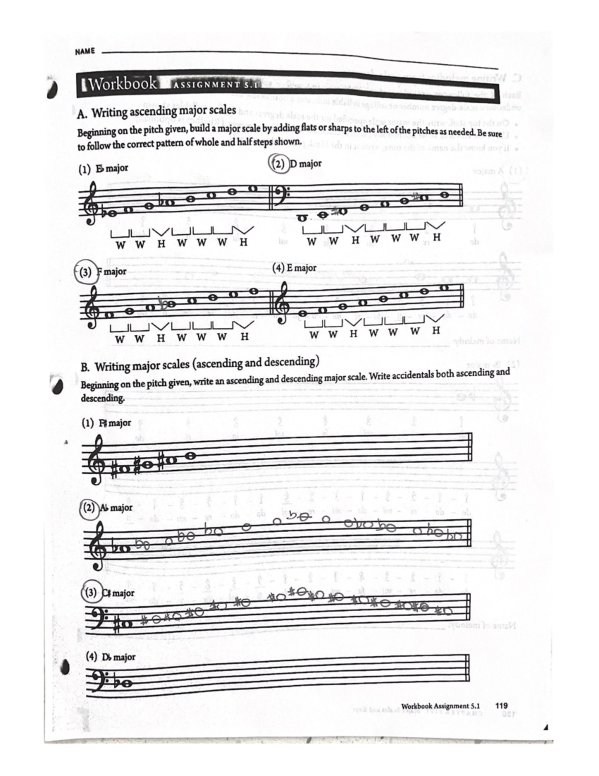 Beginning on the pitch given, build a major scale by adding fats or