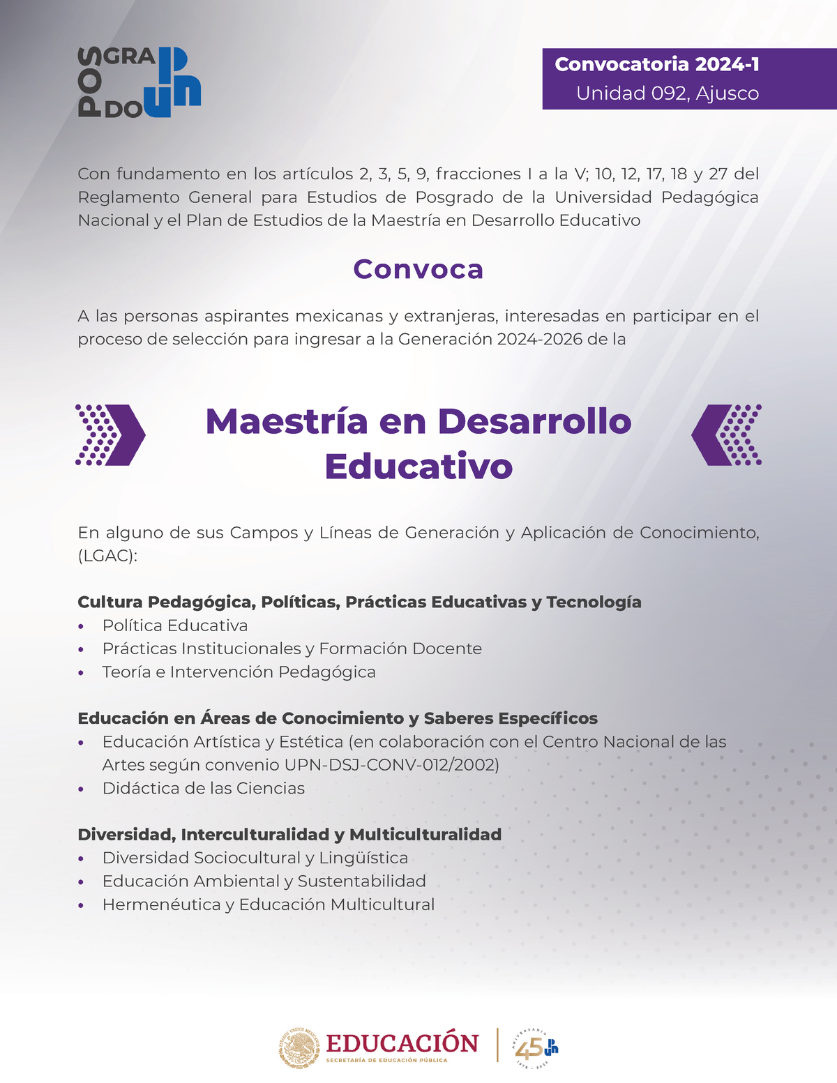 Conv Maestria Desarrollo Educativo 2 - Convocatoria 2024- Unidad 092 ...