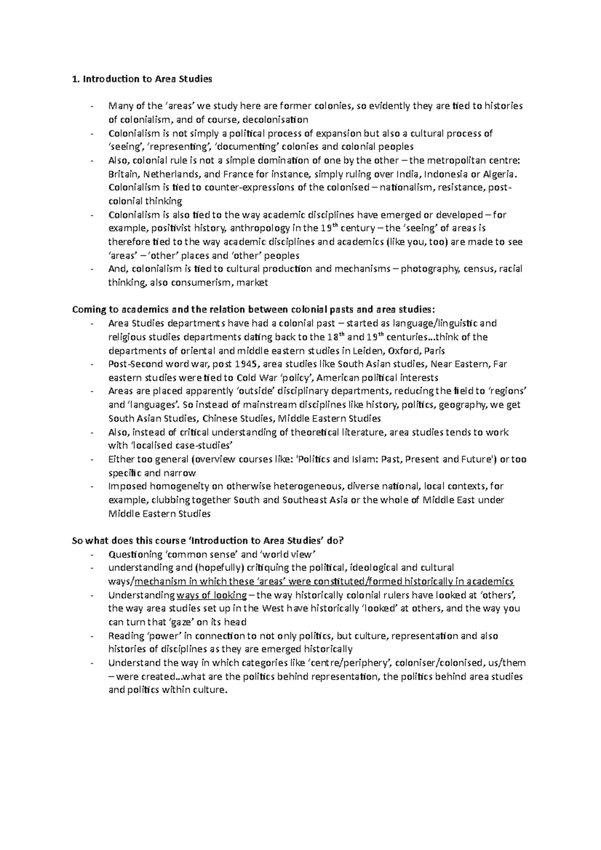 Samenvatting midterm - Summary Area studies - 1. Introduction to Area ...