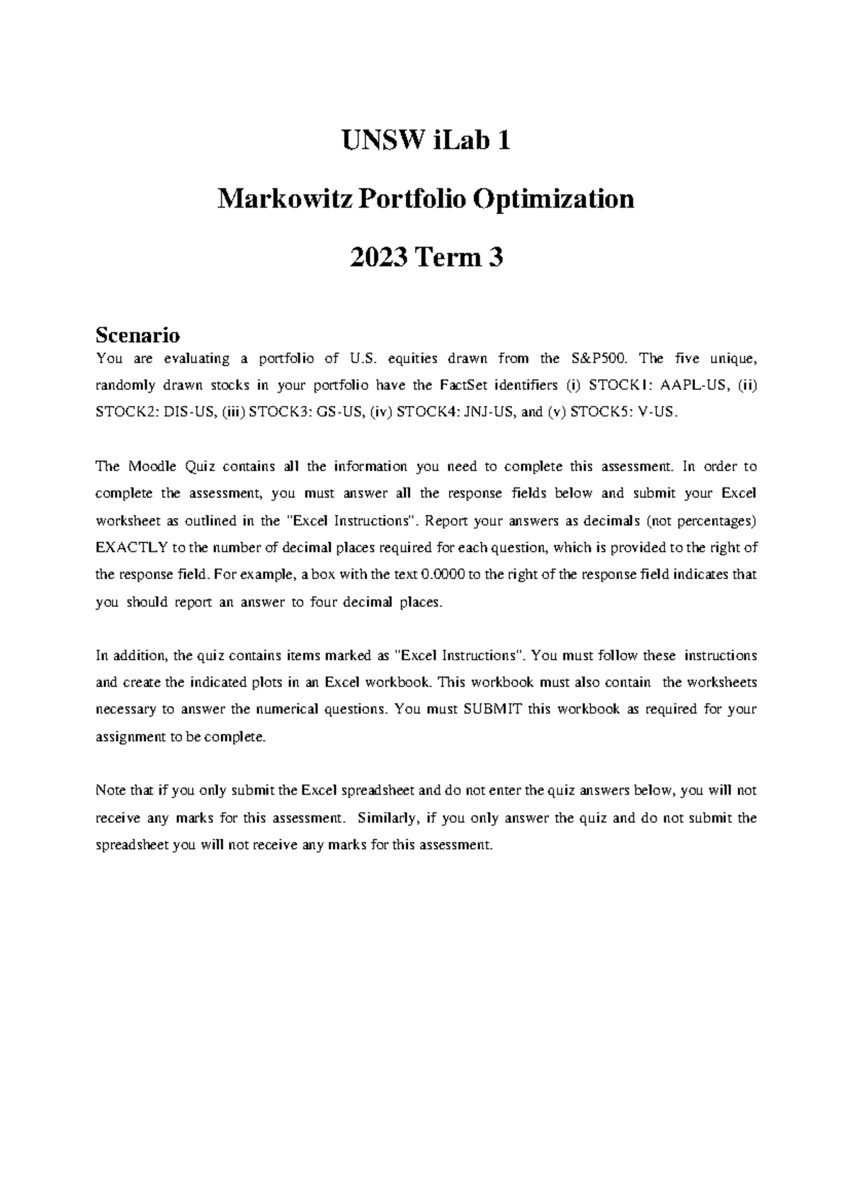 I Lab1 Task Example 23T3 UNSW iLab 1 Markowitz Portfolio Optimization