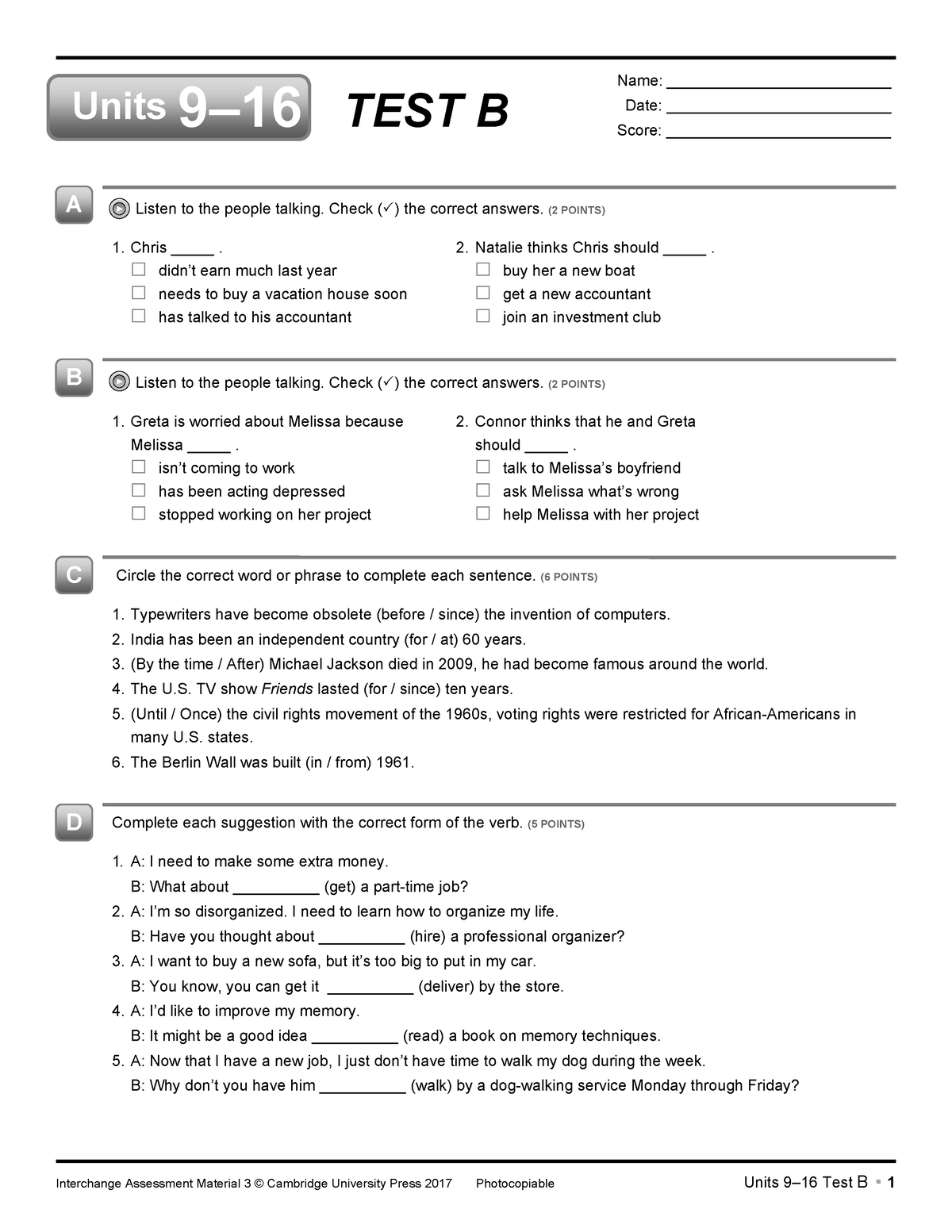 Pdfcoffee - Important - A C B D Units 9–16 TEST B Listen To The People ...