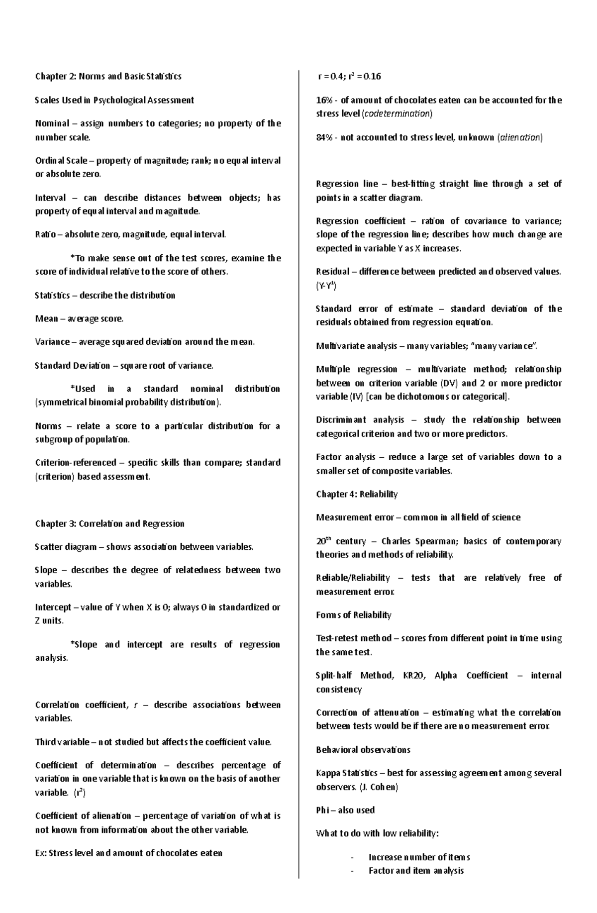 Kaplan - Psych Assessment - Chapter 2: Norms and Basic Statistics r r2 ...