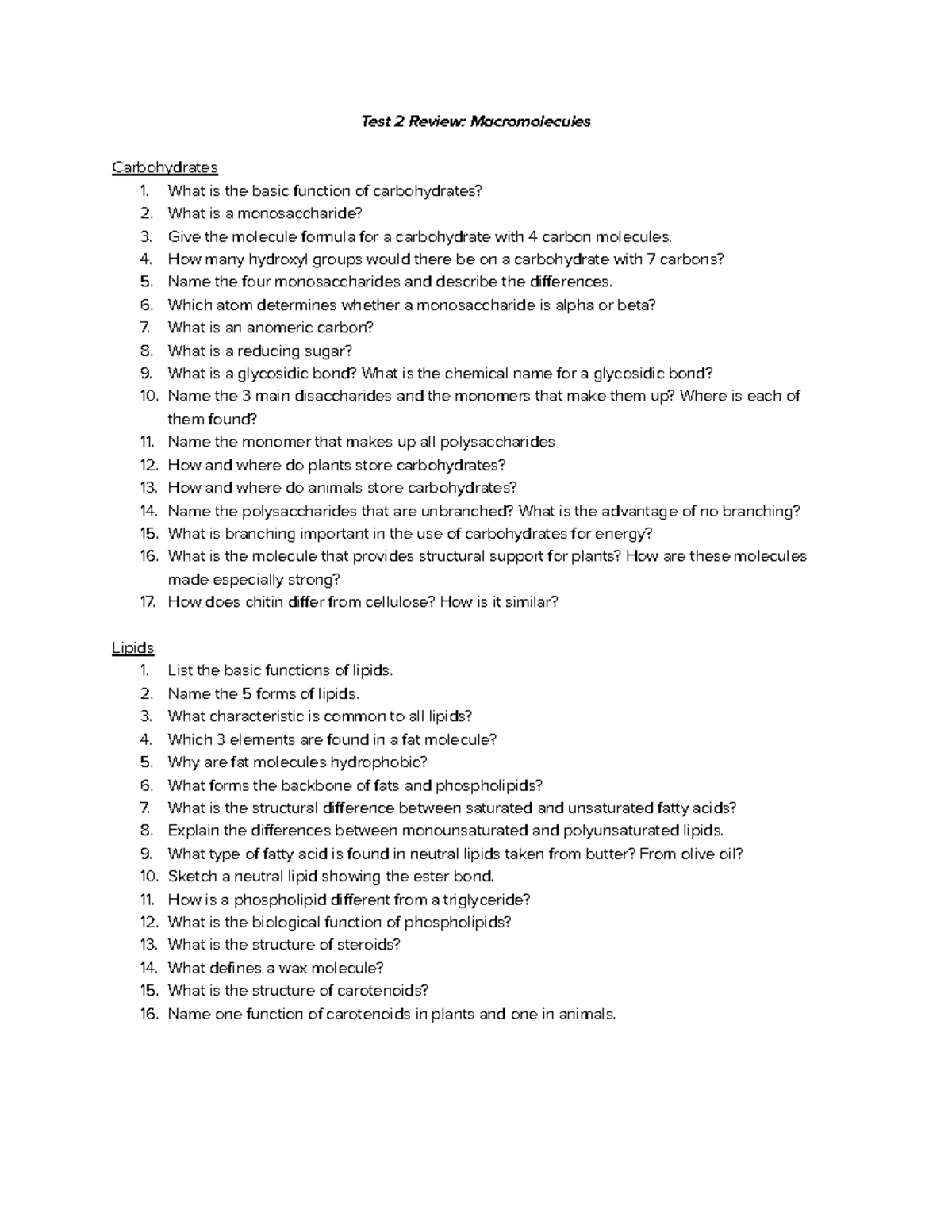 Test 2 Review Macromolecules - Test 2 Review: Macromolecules ...