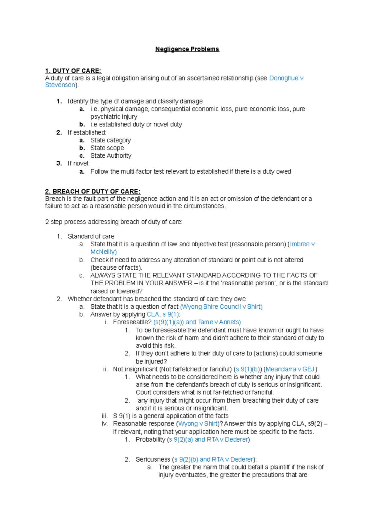 Negligence Action Outline - Negligence Problems 1. DUTY OF CARE: A duty ...