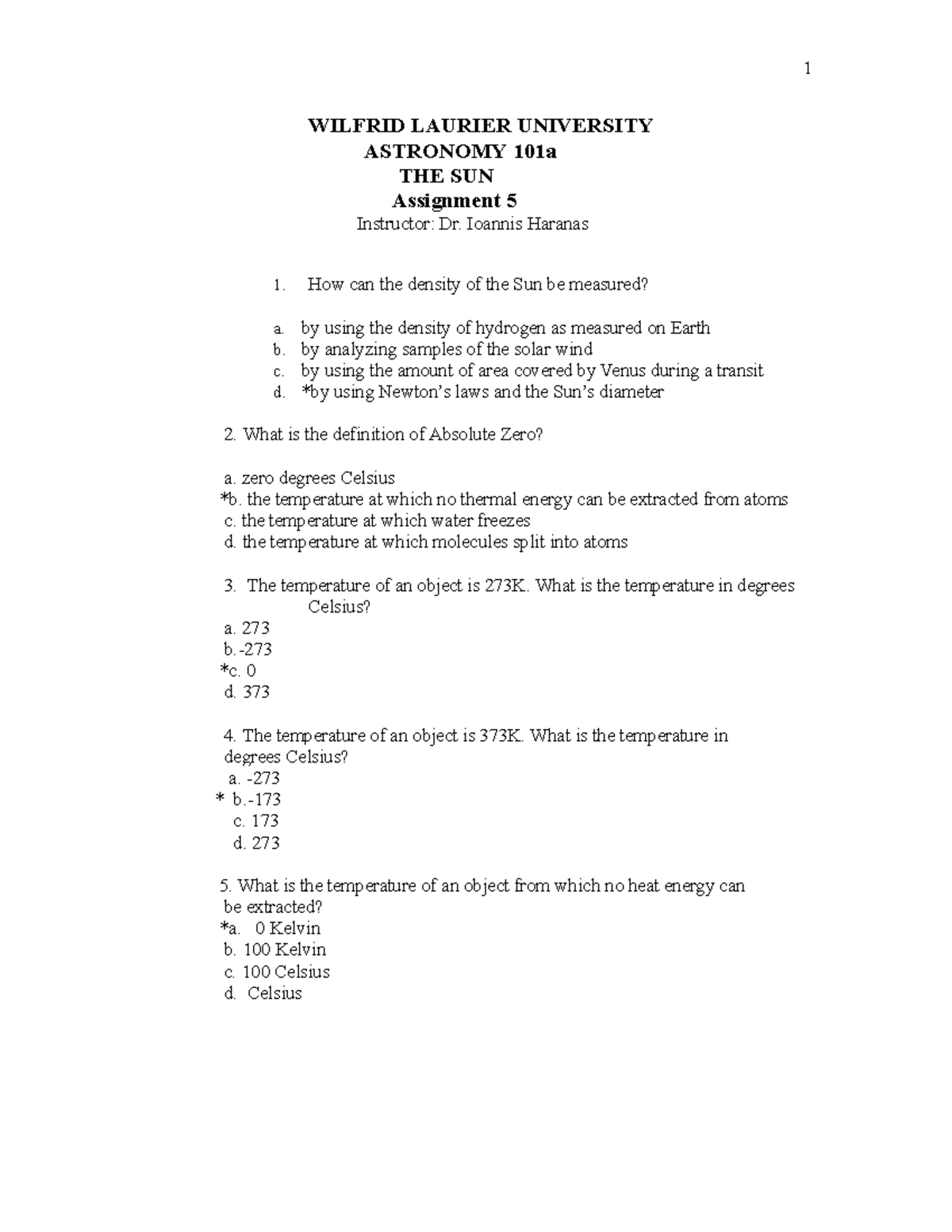 Assigment 5 STAR - Assignment #5 with correct answers - WILFRID LAURIER ...
