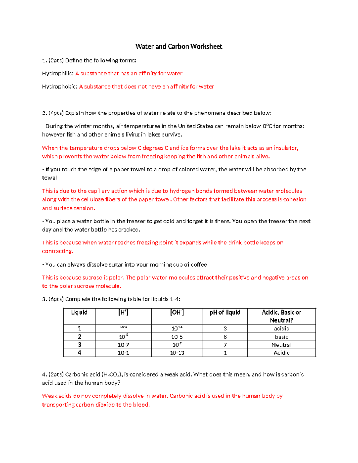 Water And Carbon Worksheet Water And Carbon Worksheet Pts Define The Following Terms Studocu