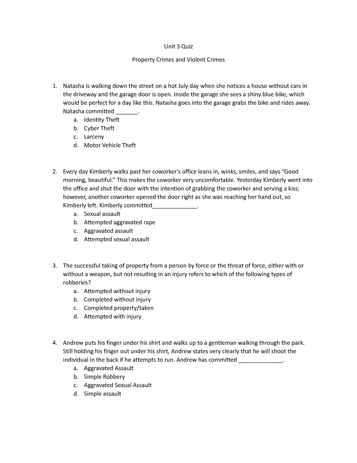 Unit 3 Quiz - Assessment - Unit 3 Quiz Property Crimes and Violent ...