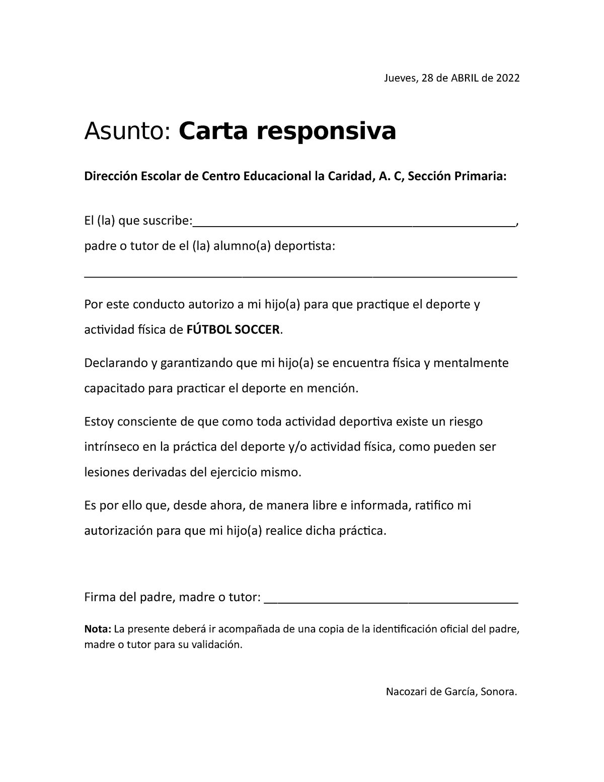 Carta Responsiva Deporte Jueves 28 De Abril De 2022 Asunto Carta Responsiva Dirección 1835