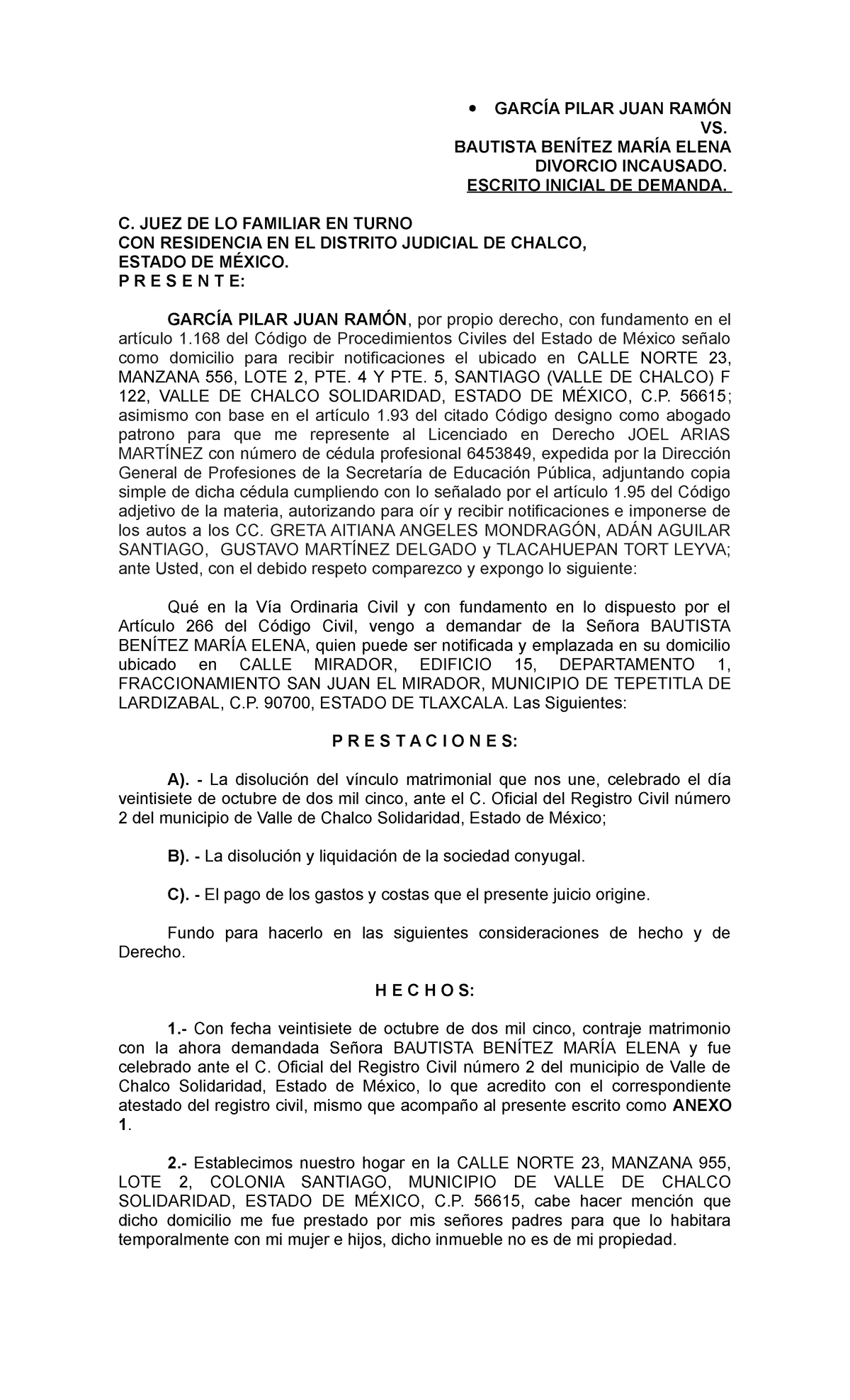 Escrito Inicial Divorcio Incausado - Corregido -  GARCÍA PILAR JUAN RAMÓN  VS. BAUTISTA BENÍTEZ - Studocu