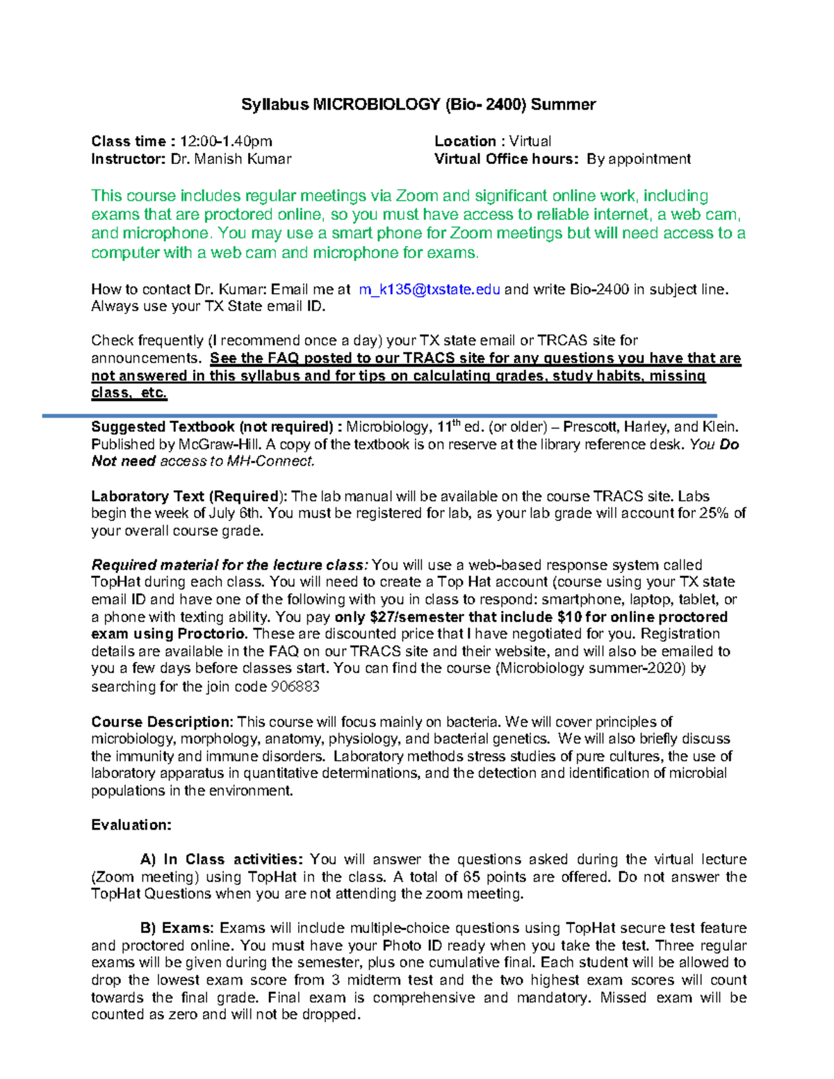 Syllabus Microbio -2400 - Syllabus MICROBIOLOGY (Bio- 2400) Summer ...