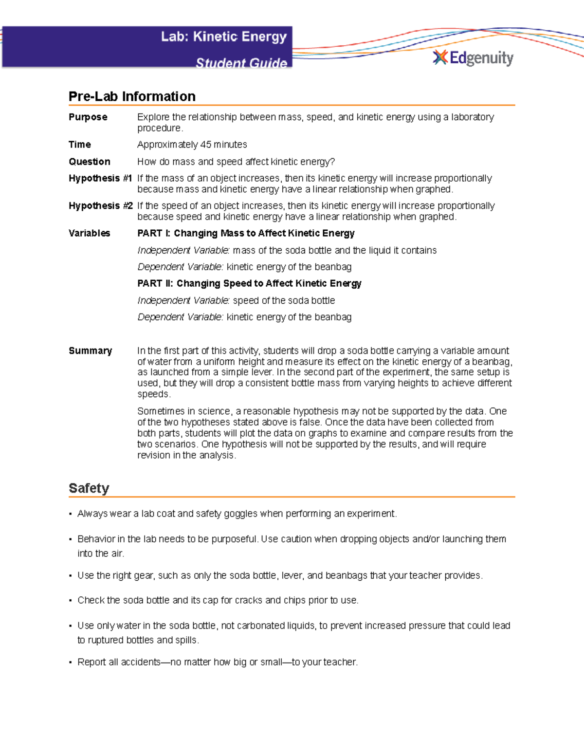 Relationship Between Kinetic Energy, Mass, and Speed - Student Lesson  Outline