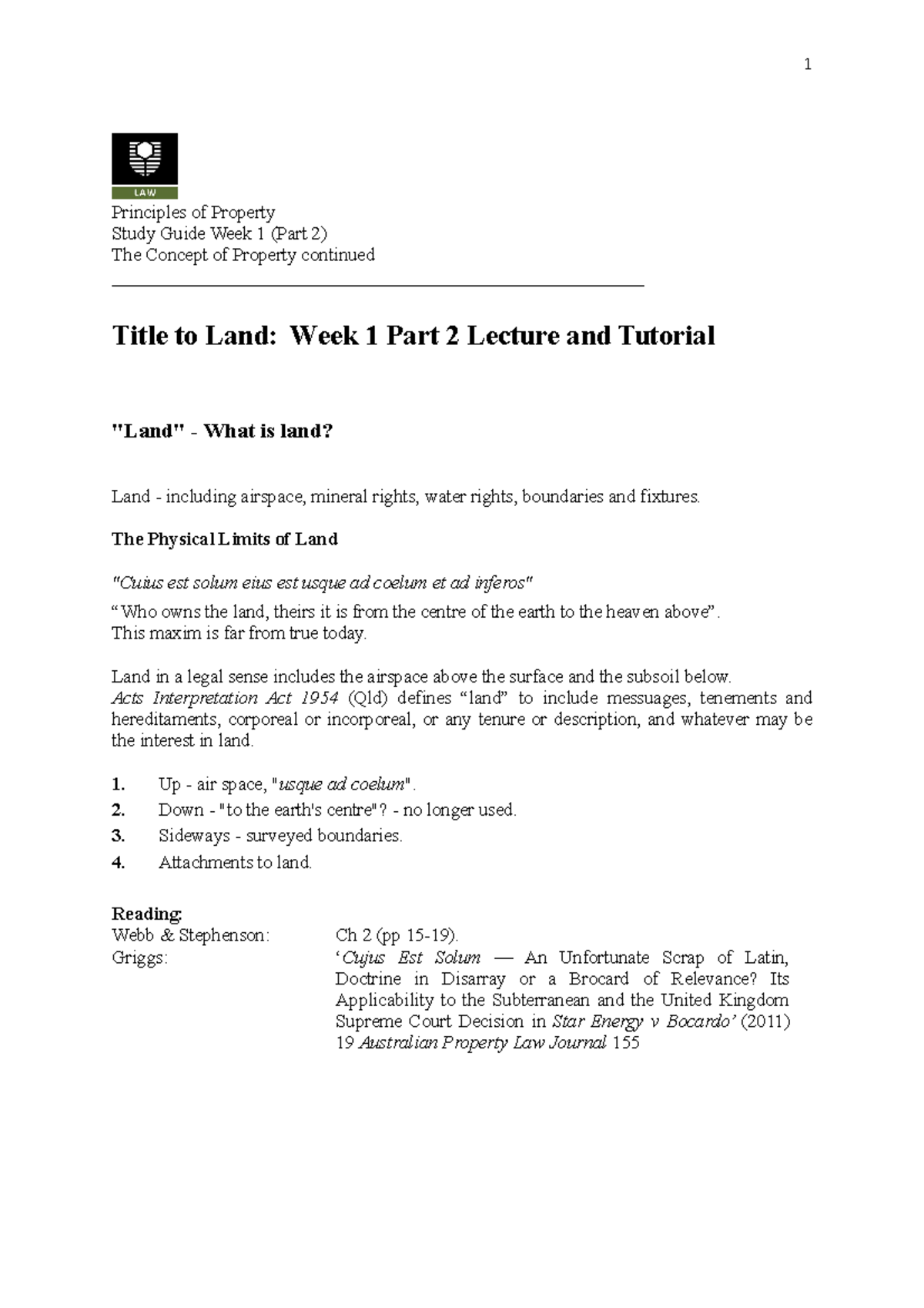 Week 1 Study Guide (Part 2) Title to Land - Principles of Property ...
