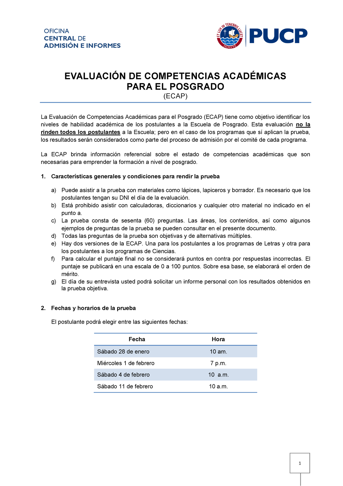 ECAP-PUCP Temarios General - CENTRAL DE ADMISIÓN E INFORMES EVALUACIÓN DE  COMPETENCIAS ACADÉMICAS - Studocu