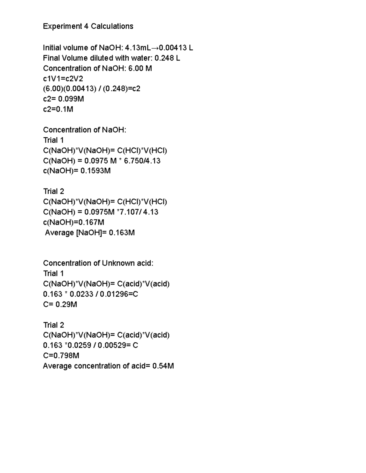 CHM1311 300347368 Calculation Exp.4 In - Experiment 4 Calculations ...