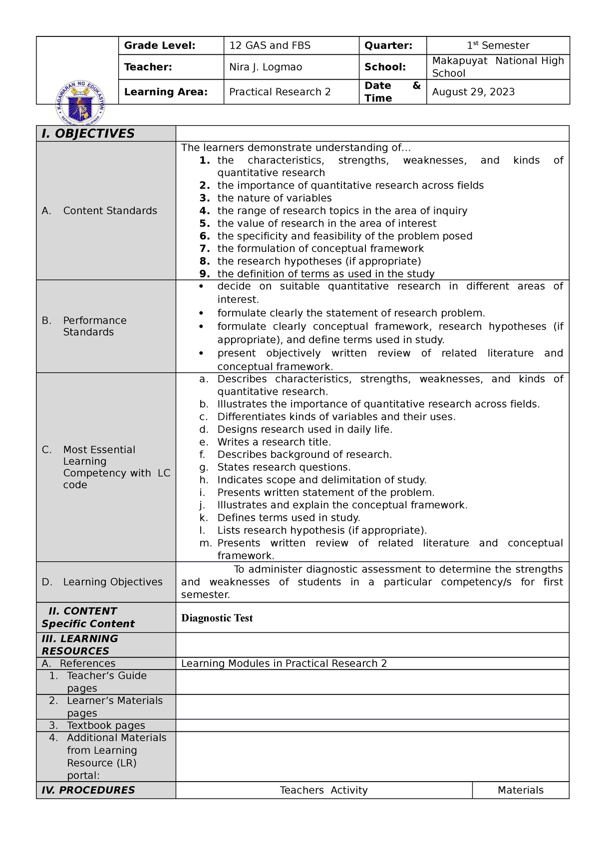 DLL 1 - This is a example lesson plan - Grade Level: 12 GAS and FBS ...