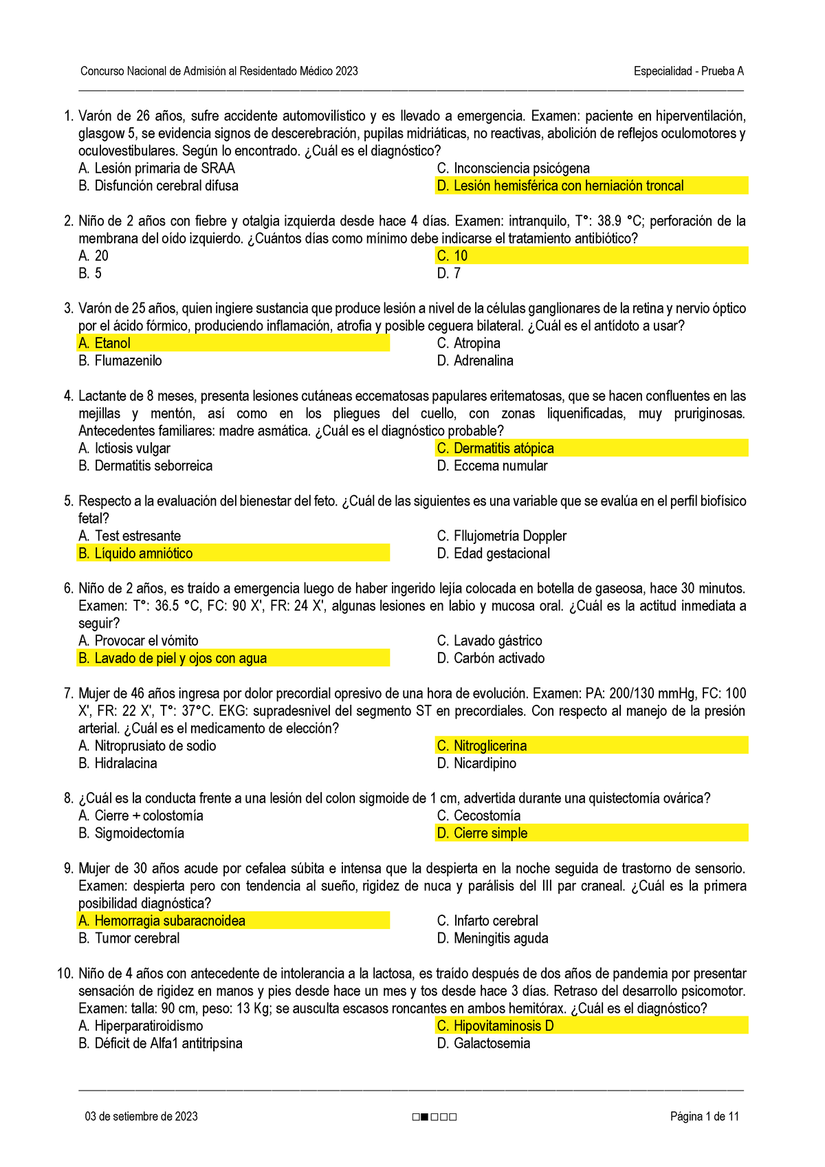 Prueba A - EXAMEN RESIDENTADO 2023 - - Studocu