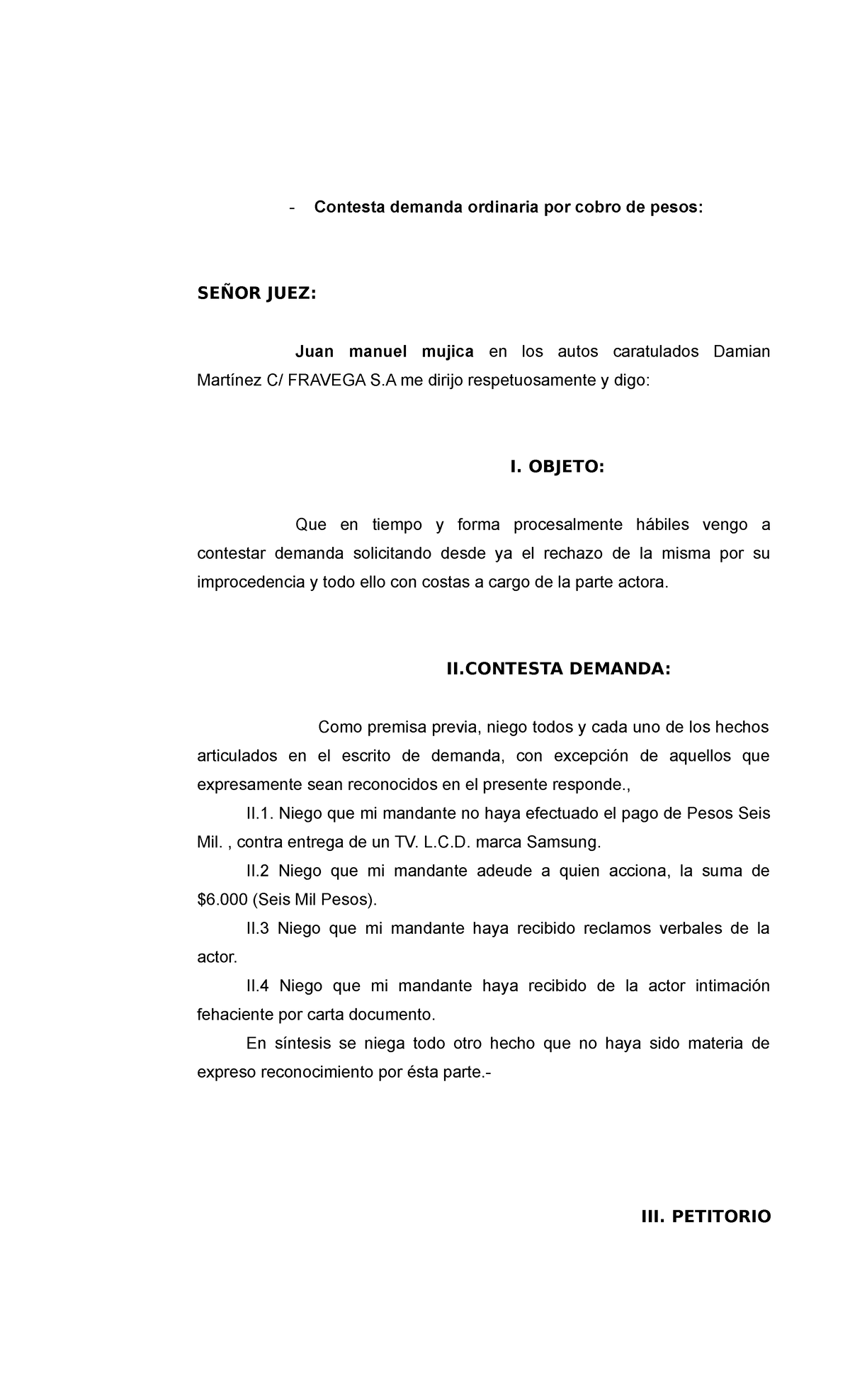 Contestacion De Demanda - Contesta Demanda Ordinaria Por Cobro De Pesos ...