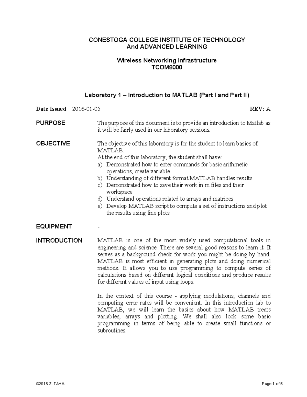 Lab 1 Introduction to Matlab W22 CONESTOGA COLLEGE INSTITUTE OF