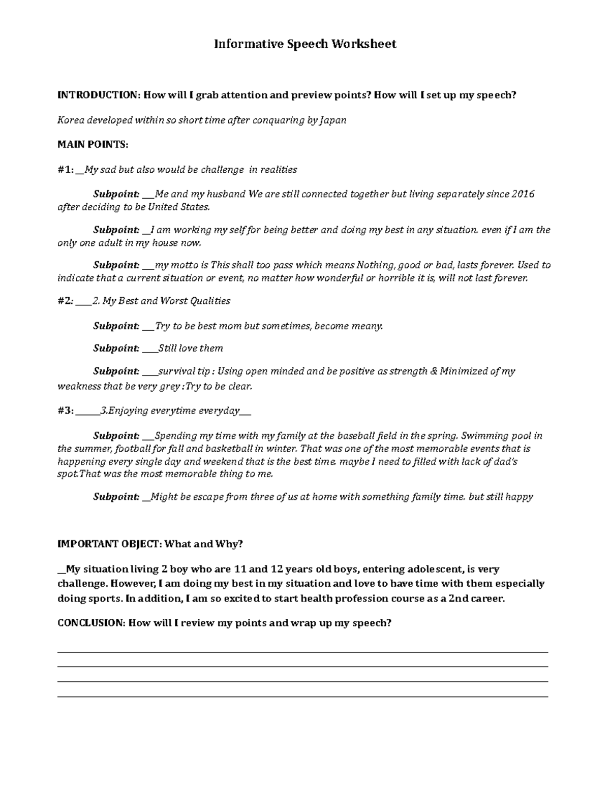 Who am I Speech Worksheet - Informative Speech Worksheet INTRODUCTION ...