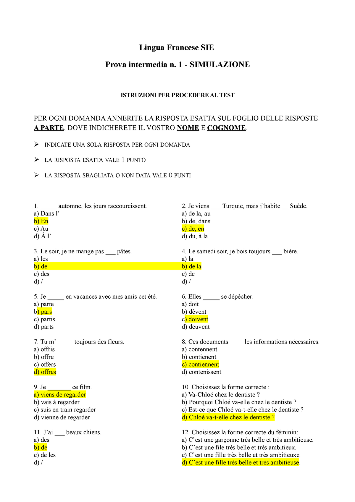 Esempioprova Desame Risposte Lingua Francese Sie Prova Intermedia N 1 Simulazione 6777