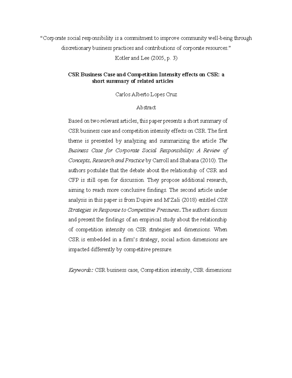 Final - CSR articles analysis - “Corporate social responsibility is a ...