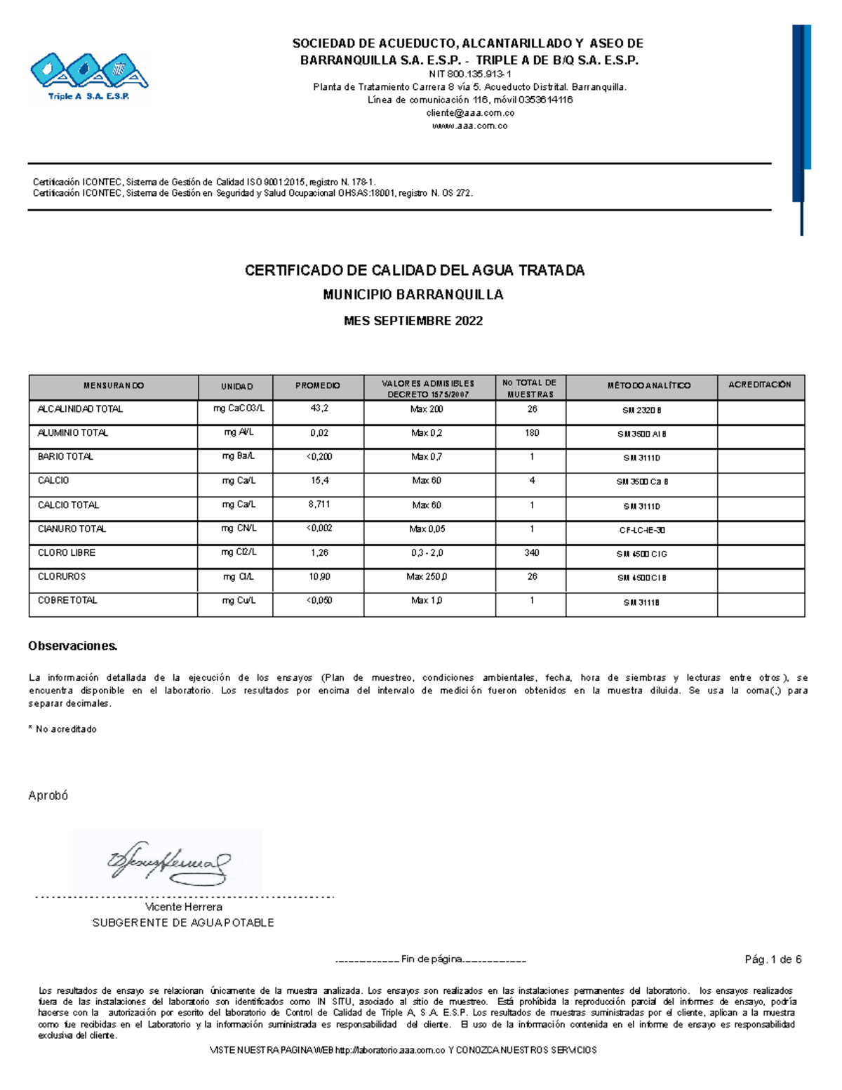 Certificado Analisi Calidad Agua Certificado De Calidad Del Agua Tratada Municipio Studocu