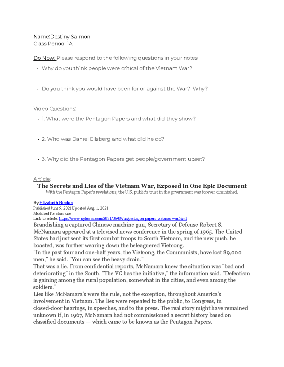 - Pentagon Papers Handout - Name:Destiny Salmon Class Period: 1A Do Now ...