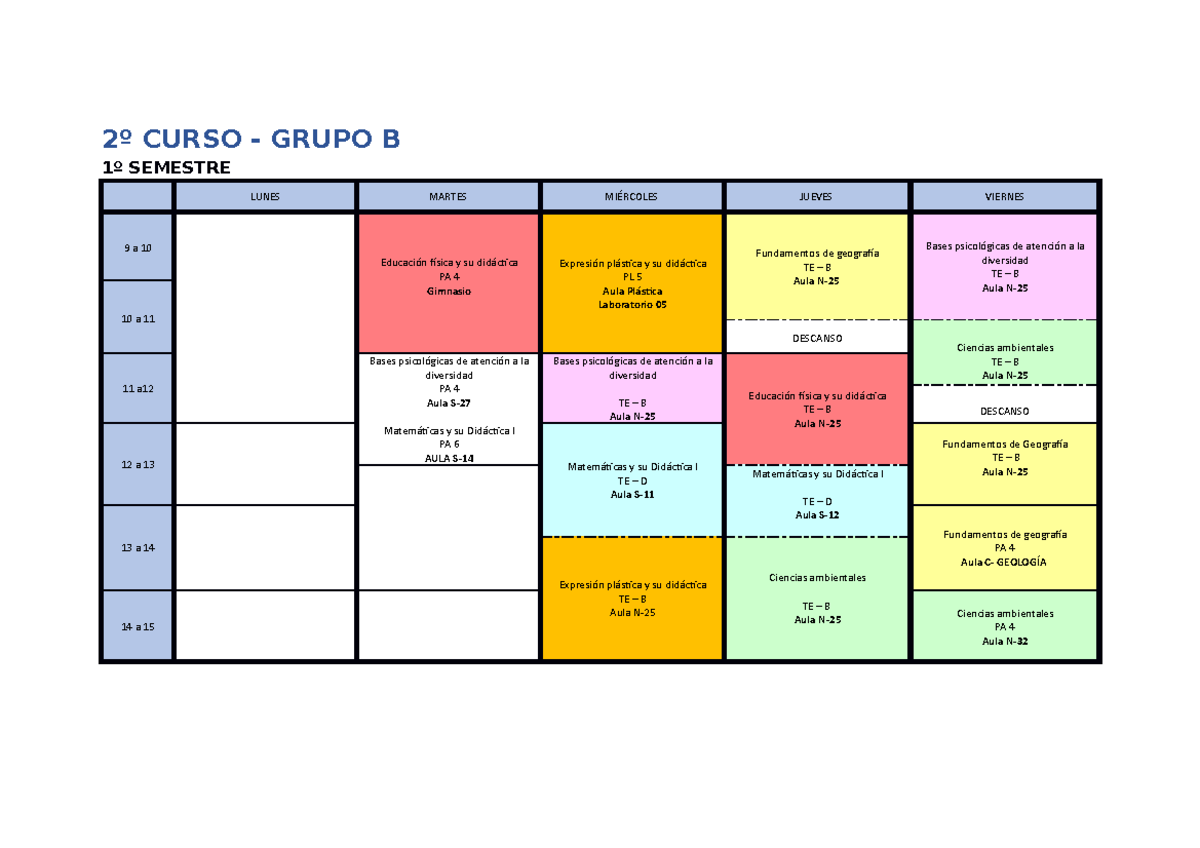 Horario DEL Curso 2020-2021 - 2º CURSO - GRUPO B 1º SEMESTRE LUNES ...