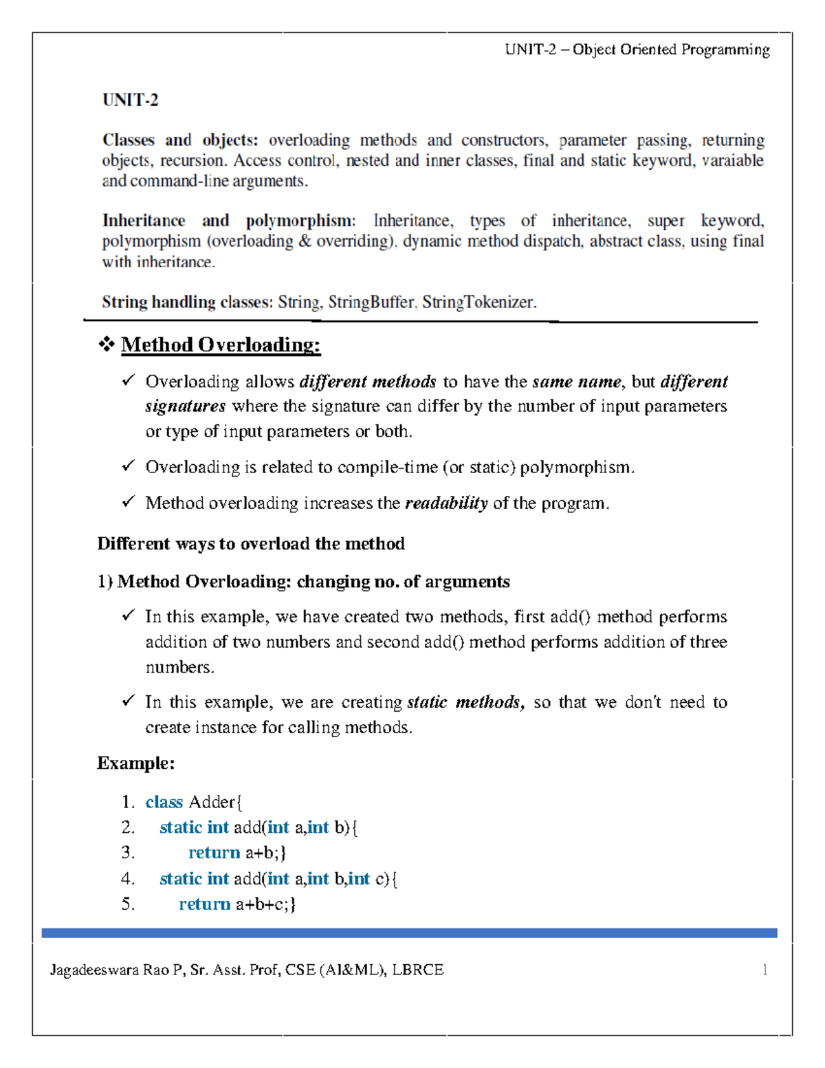 UNIT-2 OOP Lecture Notes - Method Overloading: Overloading allows ...