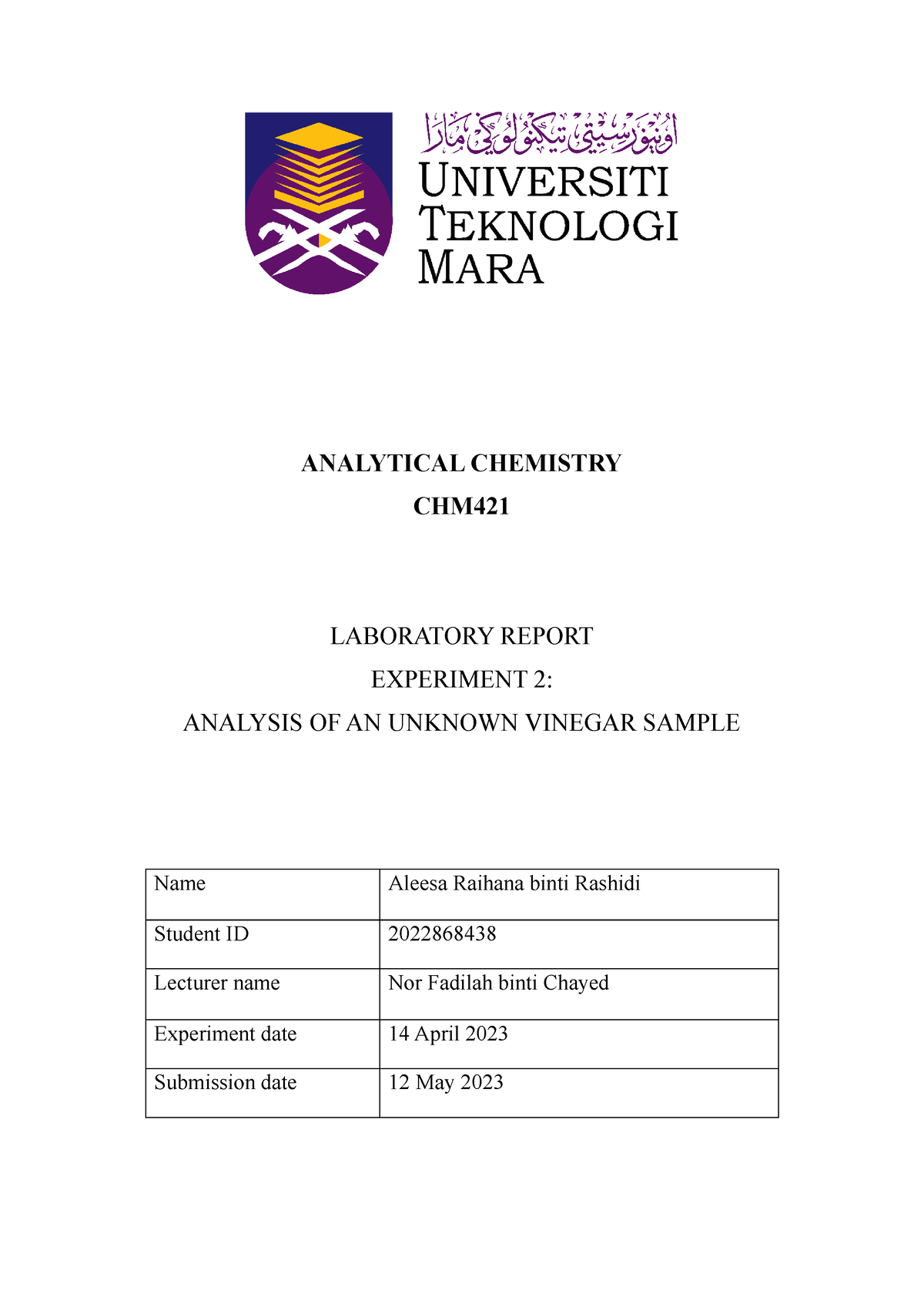 Lab Report Exp 2 Chm421 - ANALYTICAL CHEMISTRY CHM LABORATORY REPORT ...