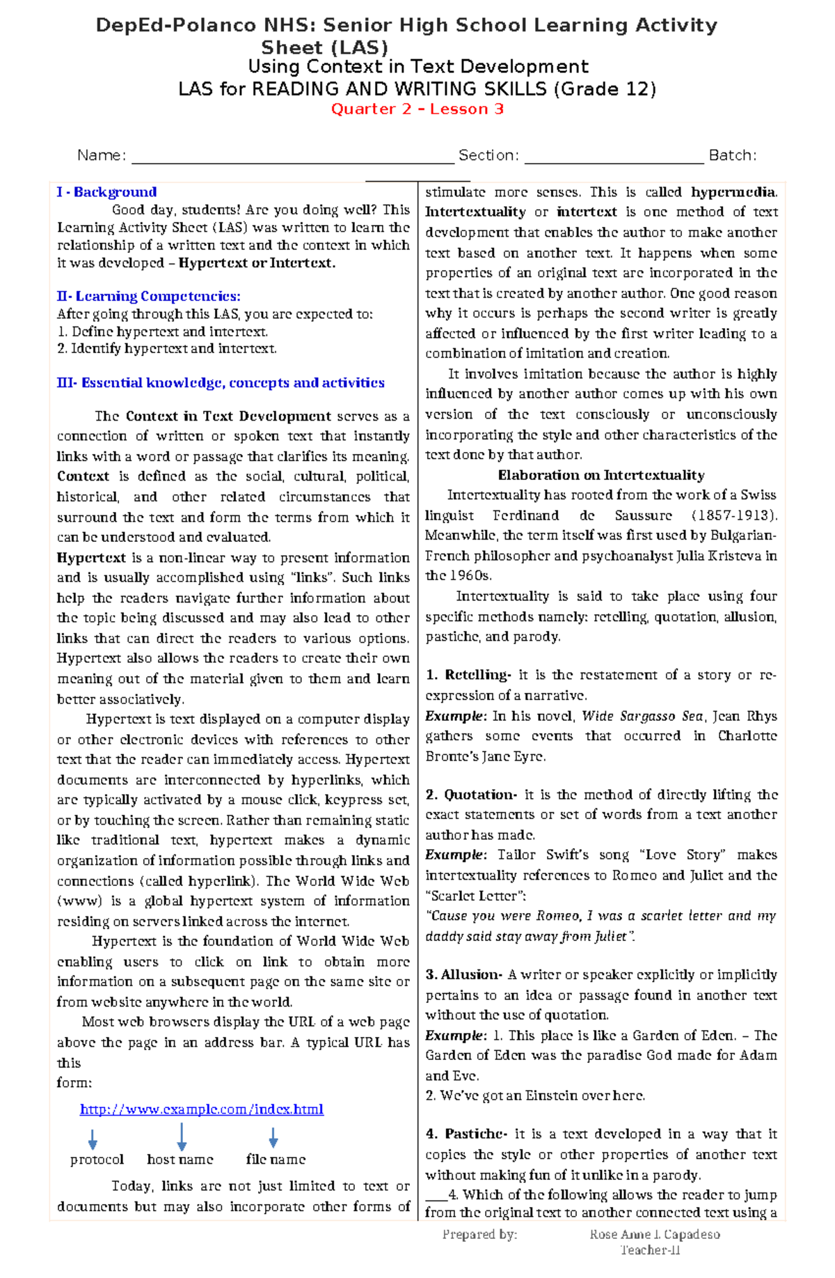 RWS-Q2-Lesson 3 - Sheet (LAS) Using Context In Text Development LAS For ...