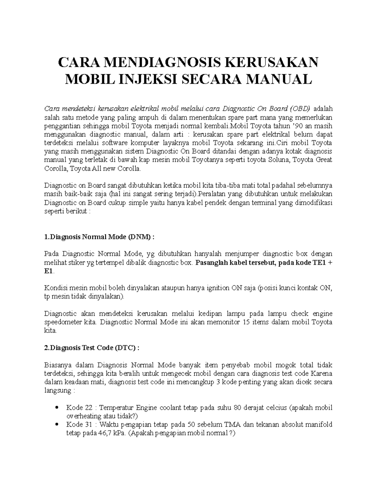 CARA Mendiagnosis Kerusakan Mobil Injeksi Secara - CARA MENDIAGNOSIS ...