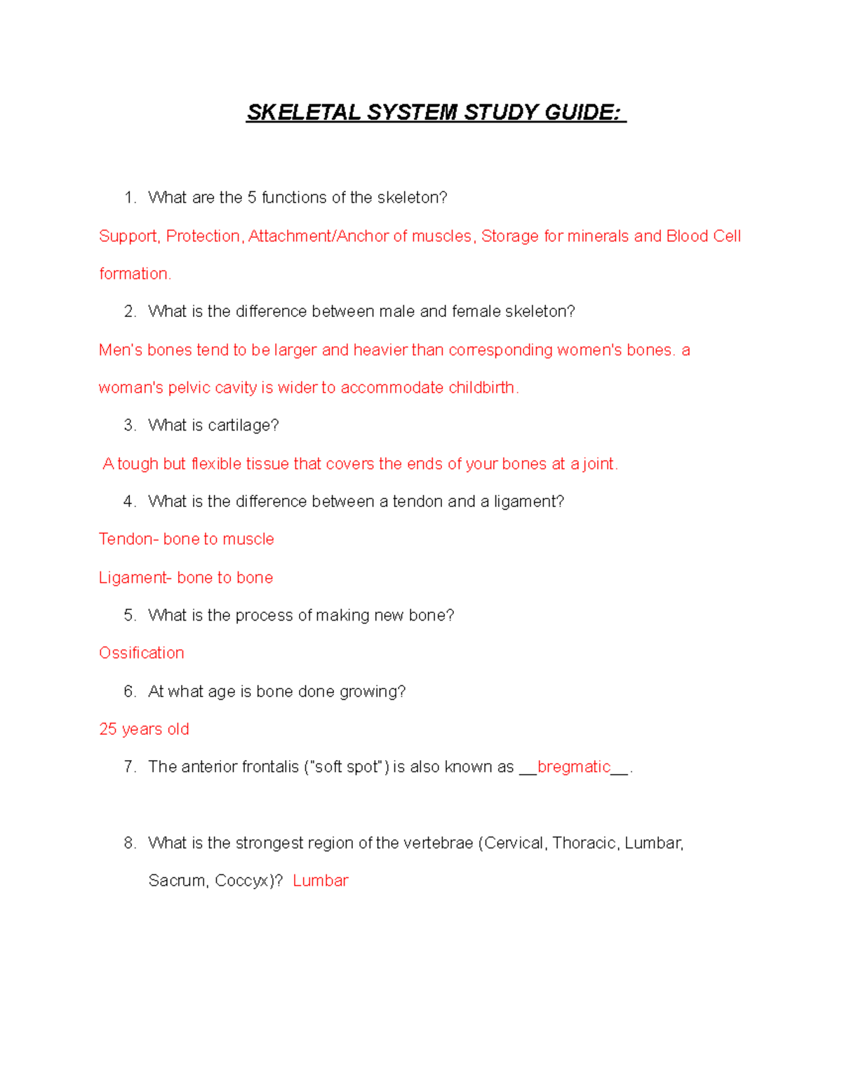 Study Guide for Test - note - SKELETAL SYSTEM STUDY GUIDE: What are the ...